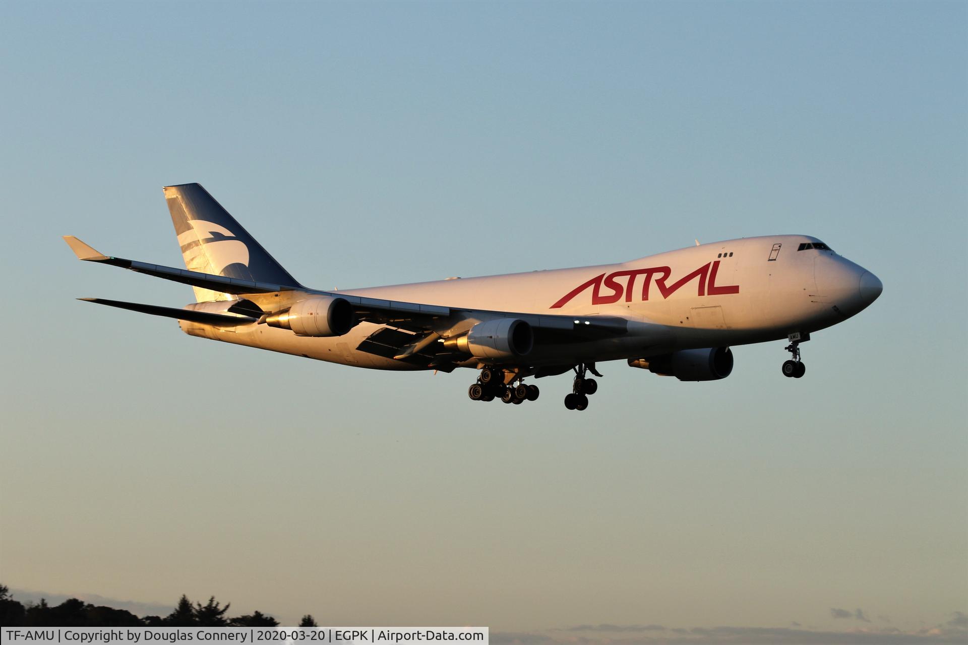 TF-AMU, 1999 Boeing 747-48EF/SCD C/N 27603, On approach for runway 12 at Prestwick arriving from Liege in Belgium