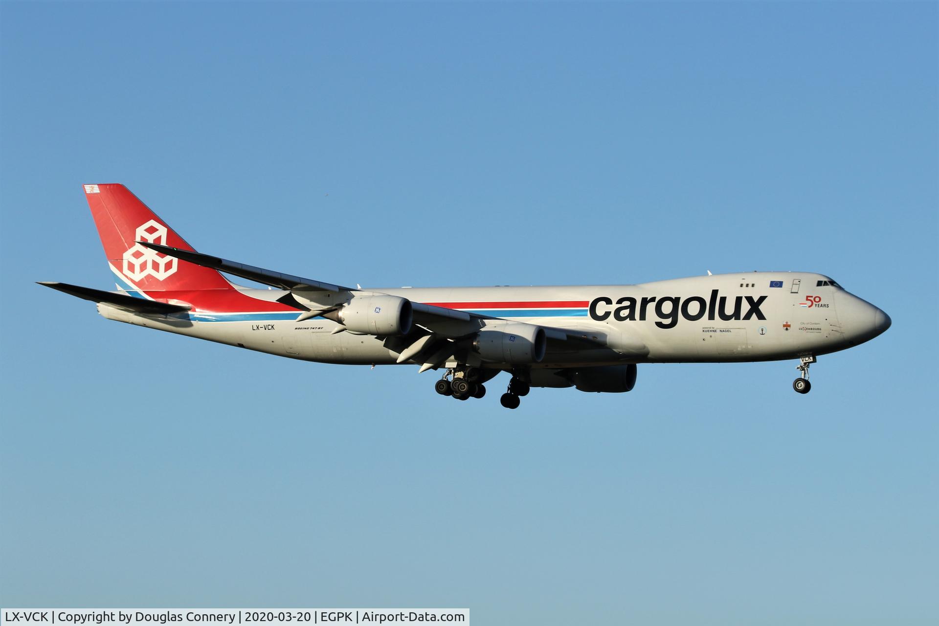 LX-VCK, 2014 Boeing 747-8R7F C/N 38078, On approach for runway 12 at Prestwick