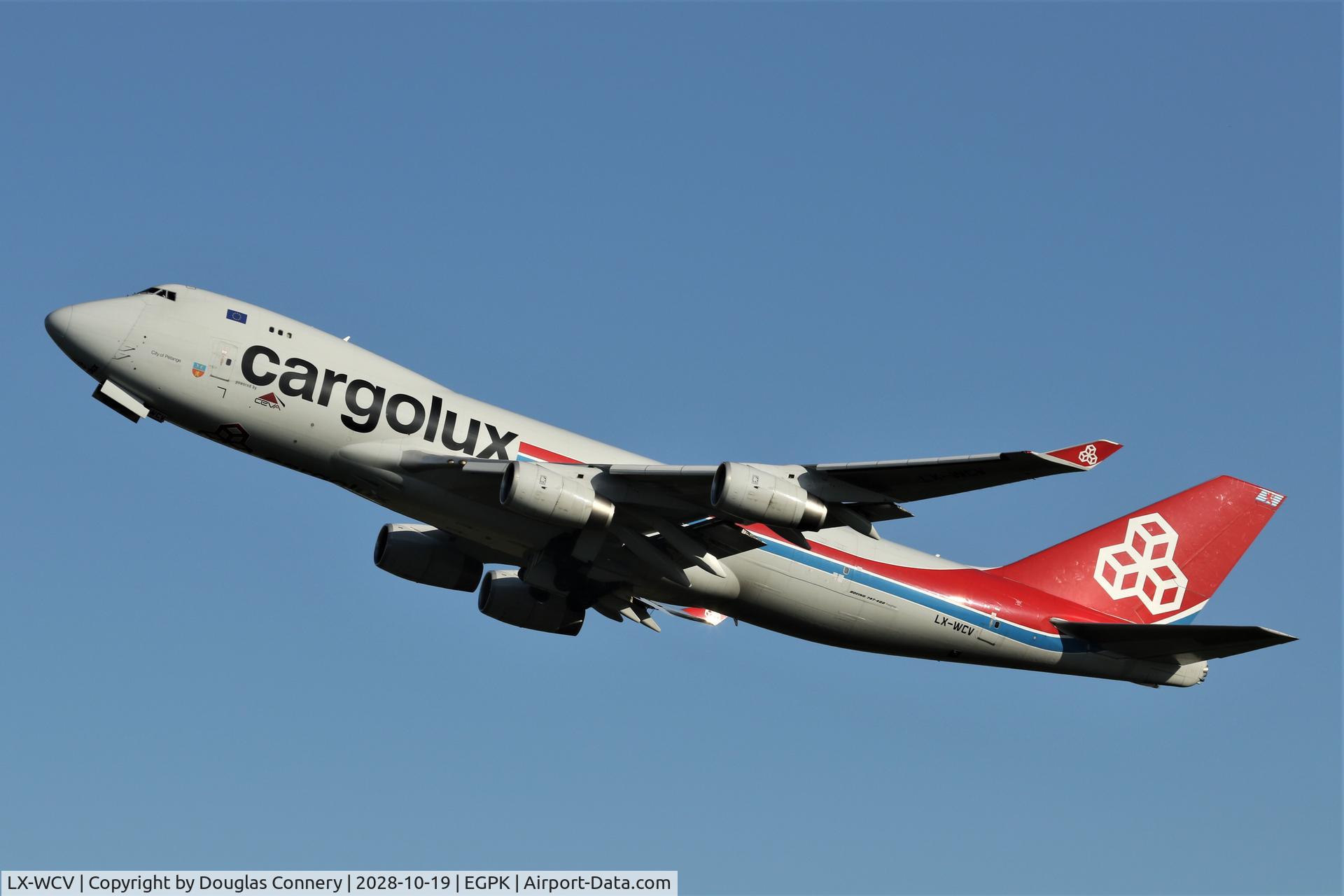 LX-WCV, 2007 Boeing 747-4R7F C/N 35804, Departing runway 30 at Prestwick on a very steep climb