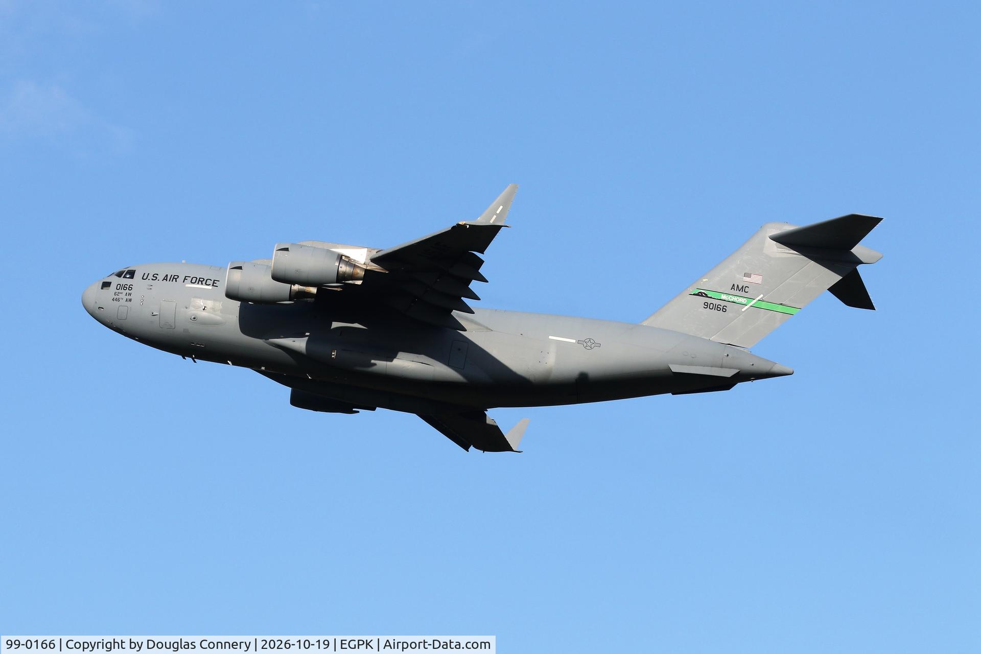 99-0166, 1999 Boeing C-17A Globemaster III C/N 50070/P-66, Departing Prestwick runway 30 C/S RCH425