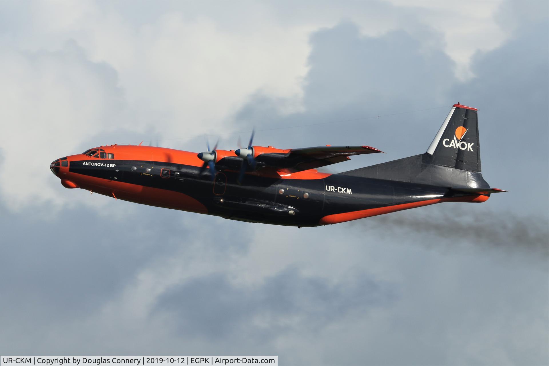 UR-CKM, 1972 Antonov An-12BP C/N 02348207, Departing Prestwick runway 30 rather smokey to say the least!!!