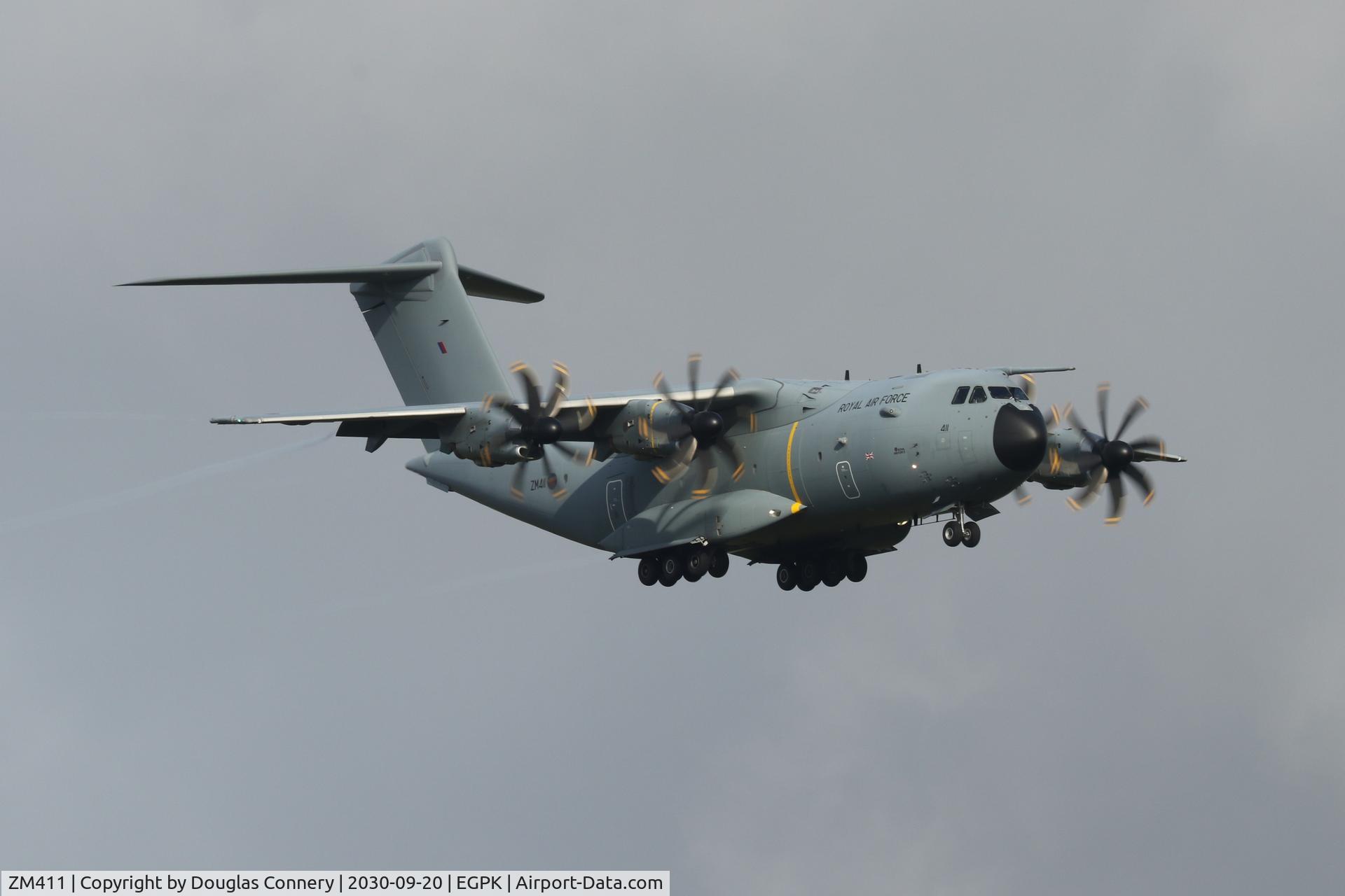 ZM411, 2016 Airbus A400M-180 Atlas C.1 C/N 039, On approach for runway 12 at Prestwick and in for some crew-training