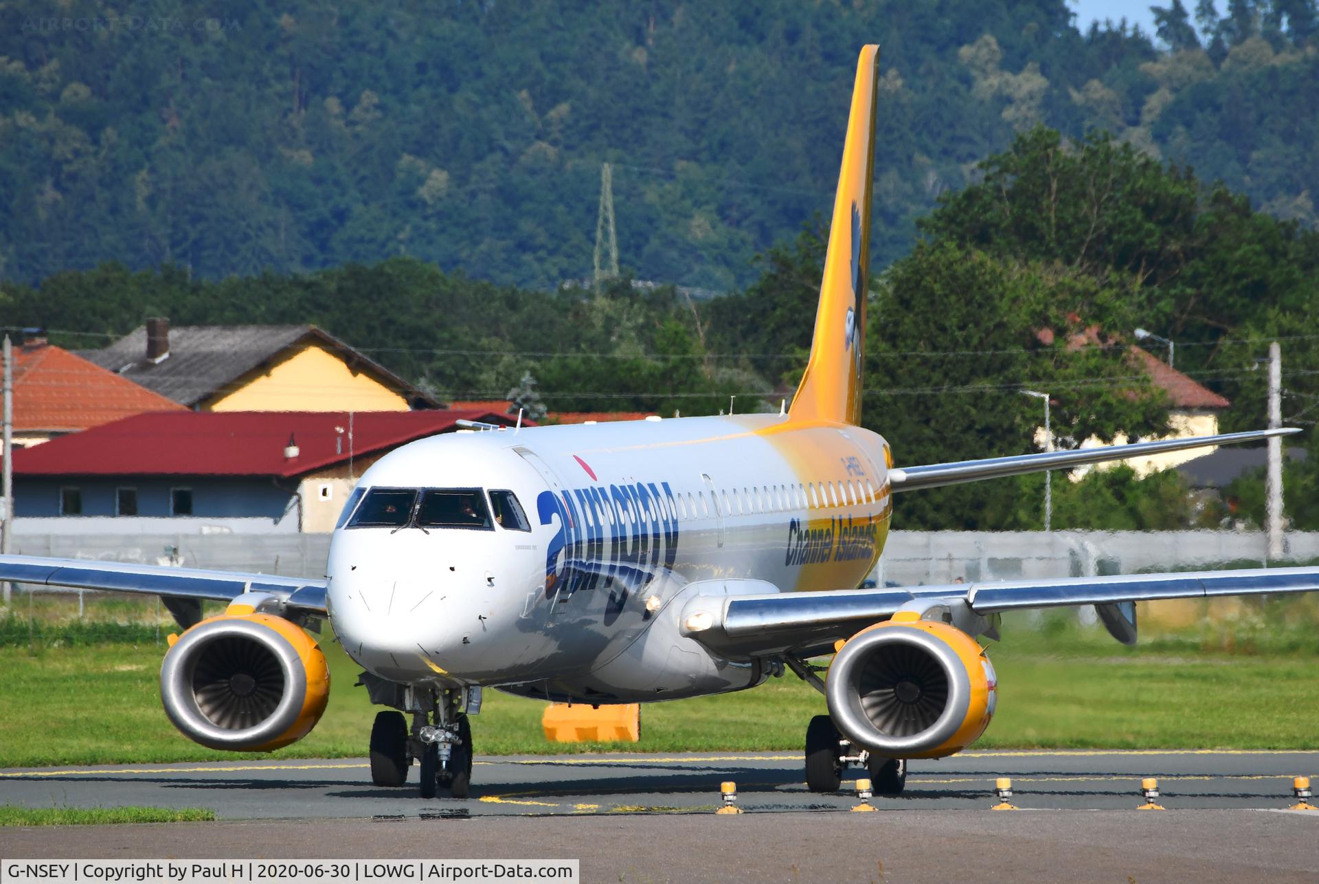 G-NSEY, 2014 Embraer 195STD (ERJ-190-200STD) C/N 19000671, Aurigny Erj195 lining up for take of at Graz airport LOWG in Austria
