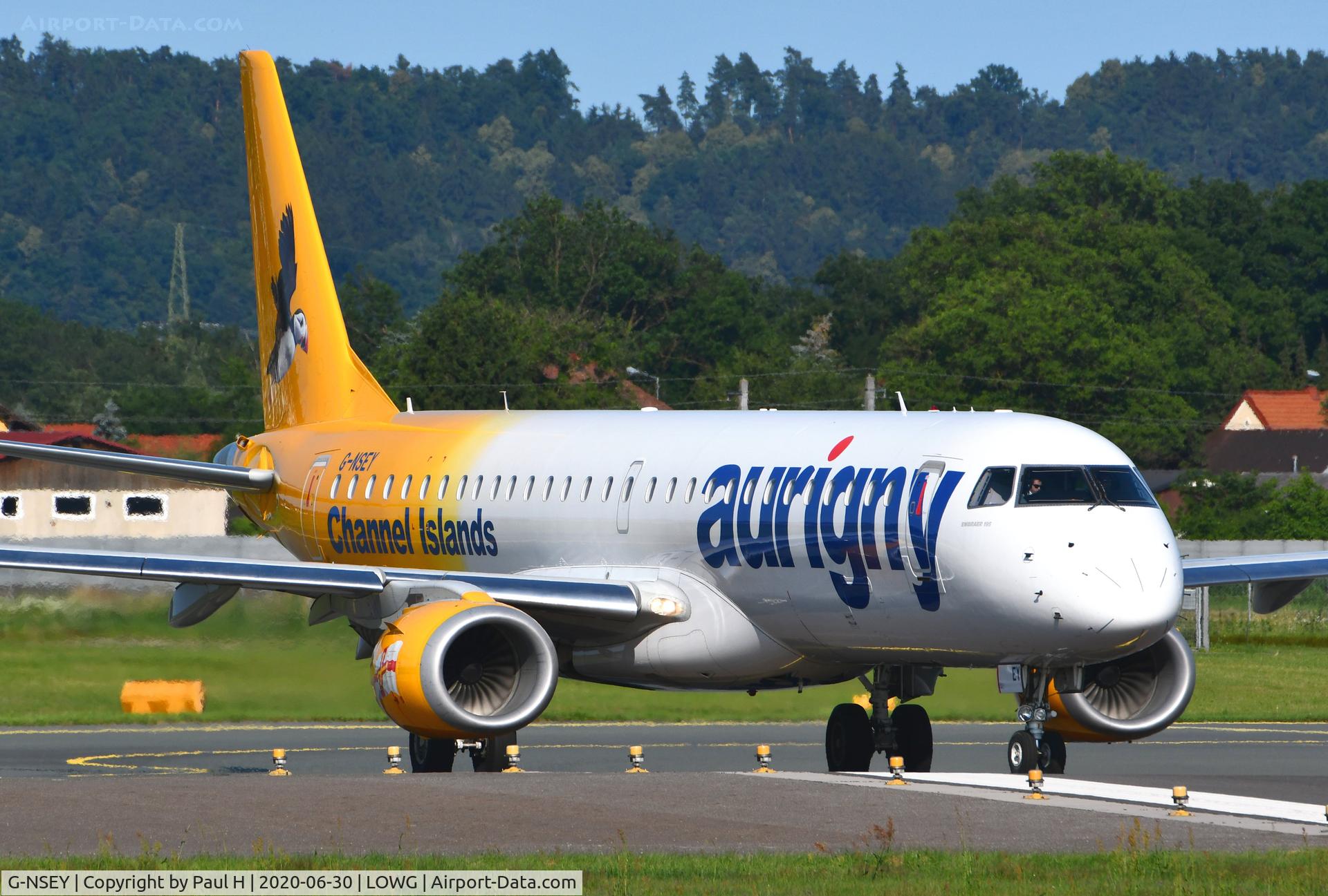 G-NSEY, 2014 Embraer 195STD (ERJ-190-200STD) C/N 19000671, Aurigny Erj195 lining up for take of at Graz airport LOWG in Austria