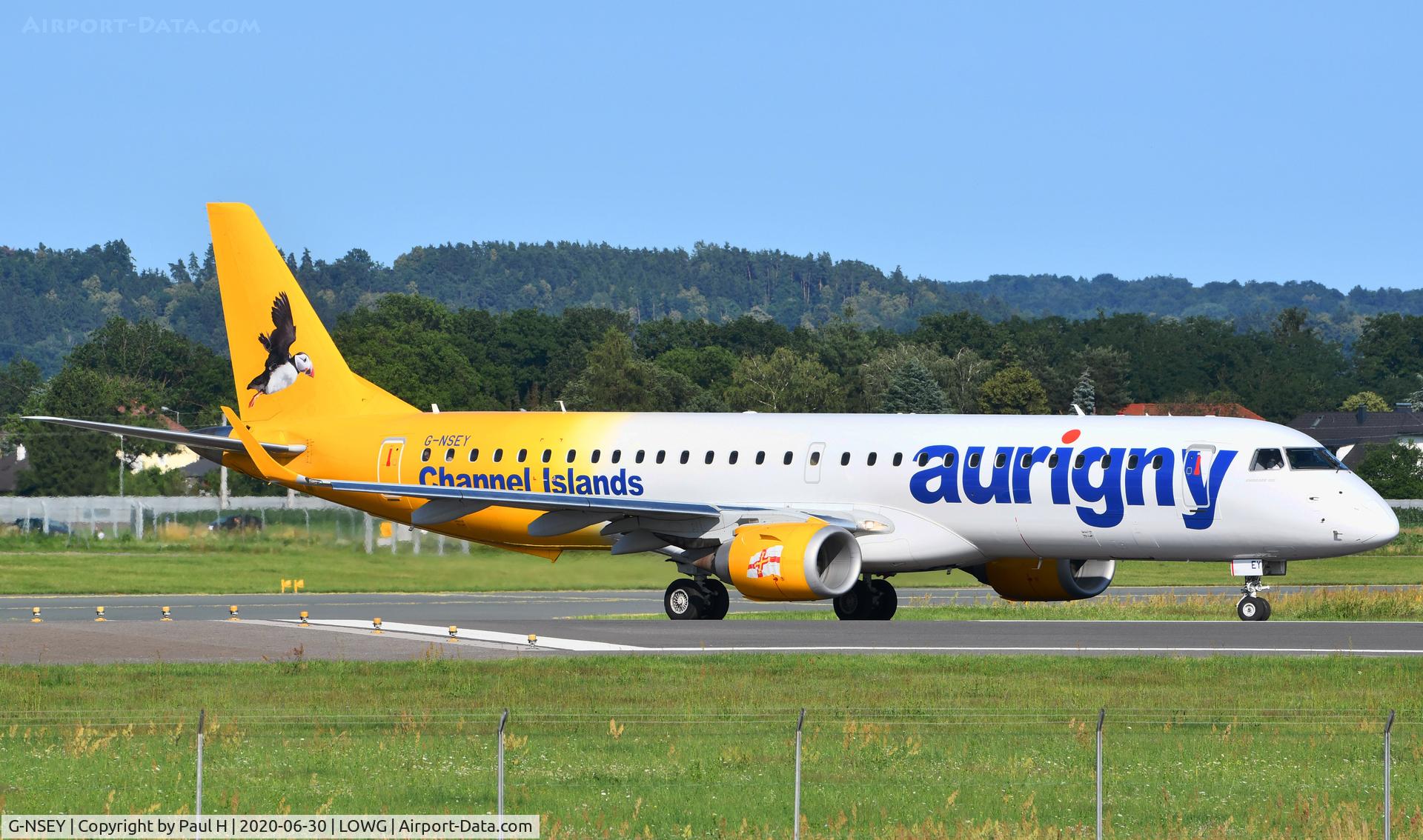 G-NSEY, 2014 Embraer 195STD (ERJ-190-200STD) C/N 19000671, Aurigny Erj195 lining up for take of at Graz airport LOWG in Austria