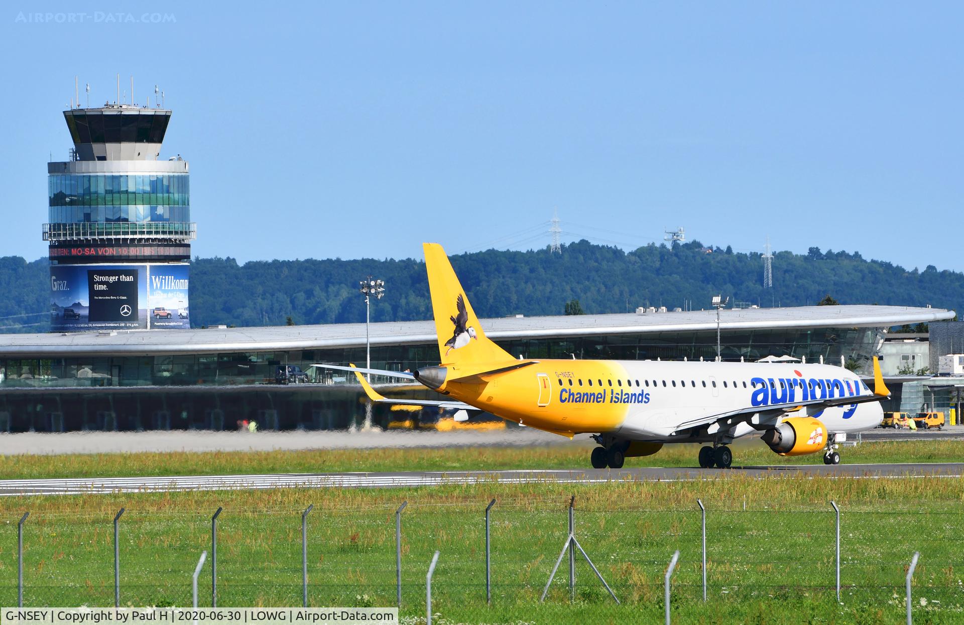 G-NSEY, 2014 Embraer 195STD (ERJ-190-200STD) C/N 19000671, Aurigny Erj195 lining up for take of at Graz airport LOWG in Austria