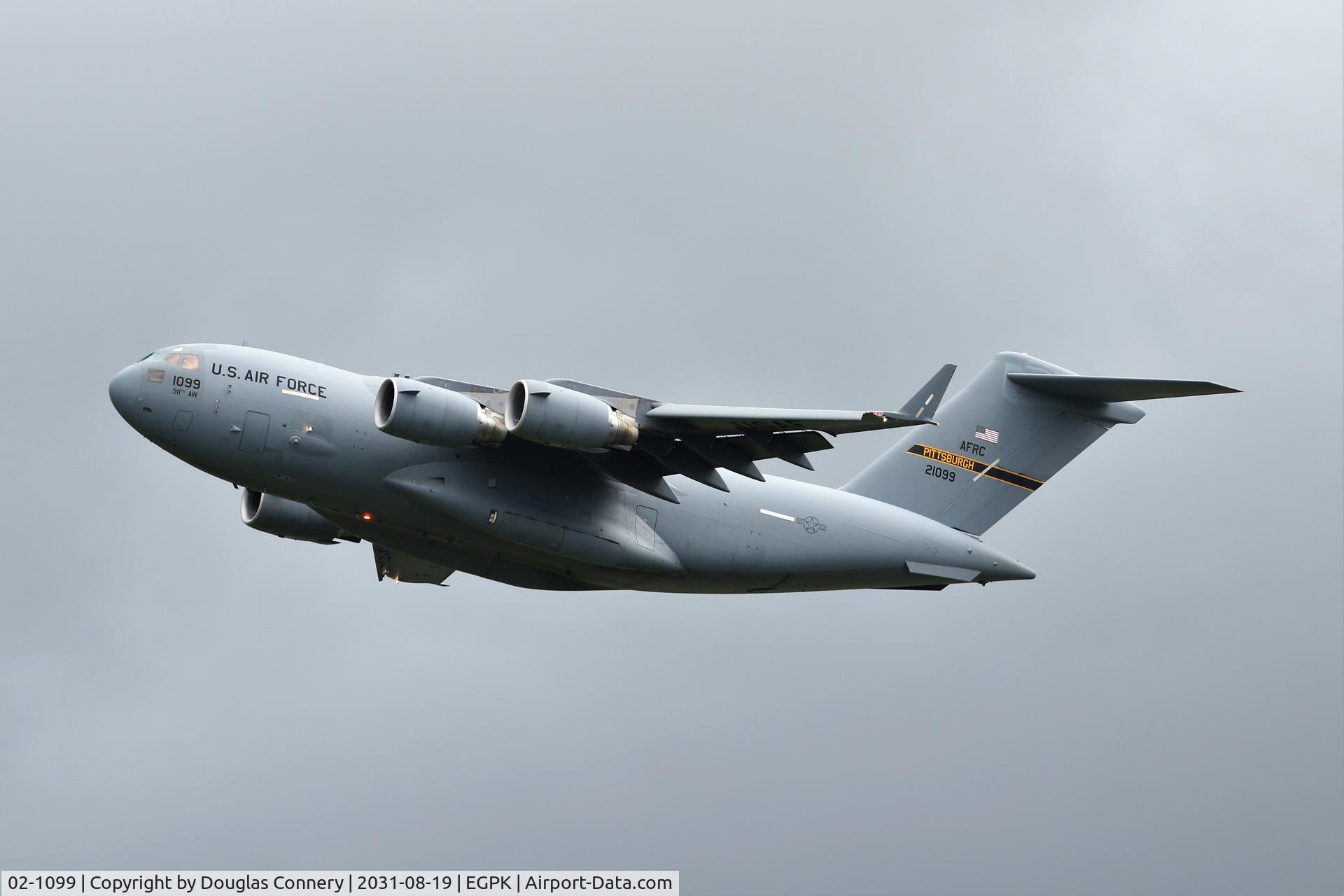 02-1099, 2002 Boeing C-17A Globemaster III C/N P-99, Departing Prestwick in rather grey skies C/S RCH125