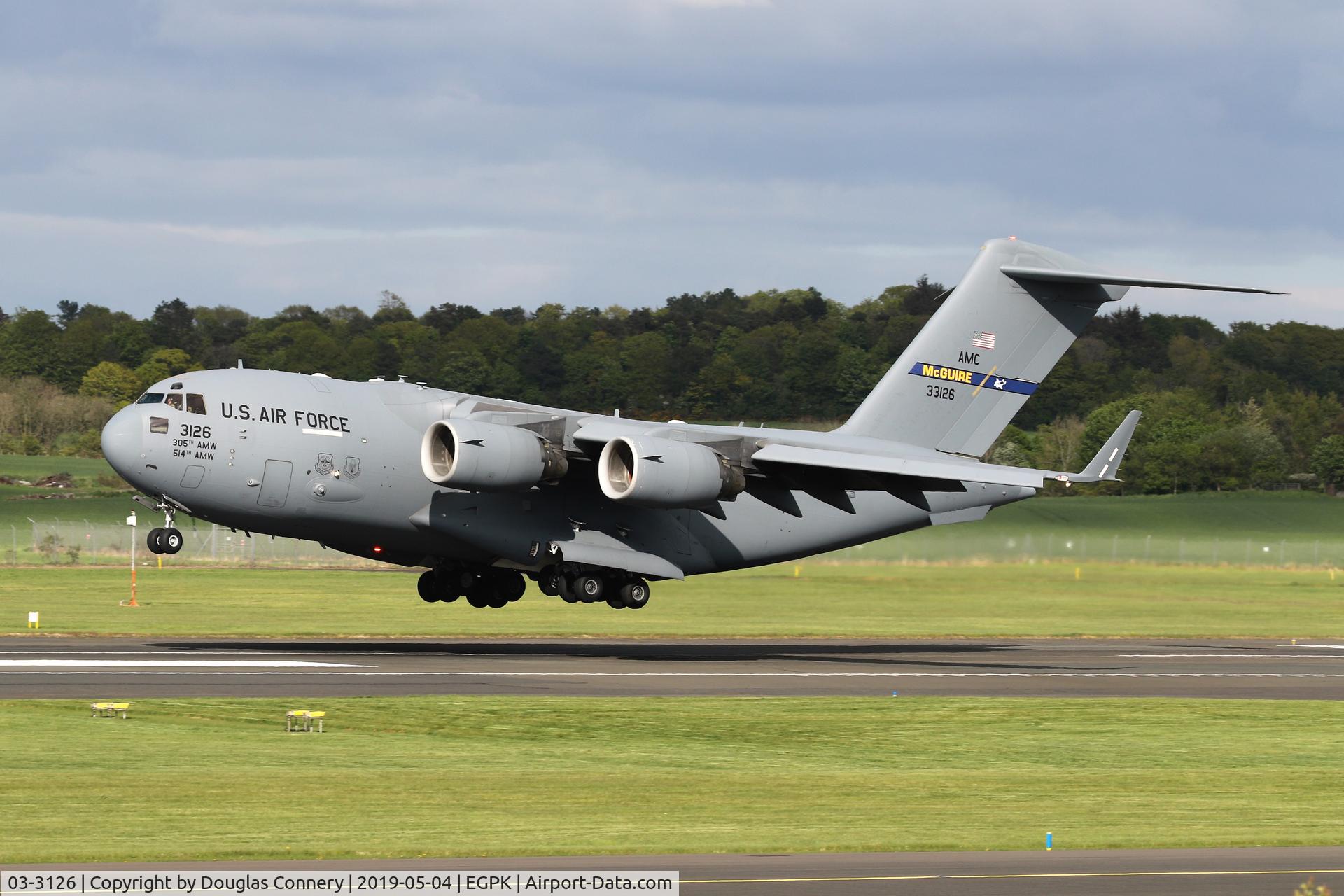 03-3126, 2003 Boeing C-17A Globemaster III C/N 50134/F133/P126, On finals for runway 30 at Prestwick C/S RCH784