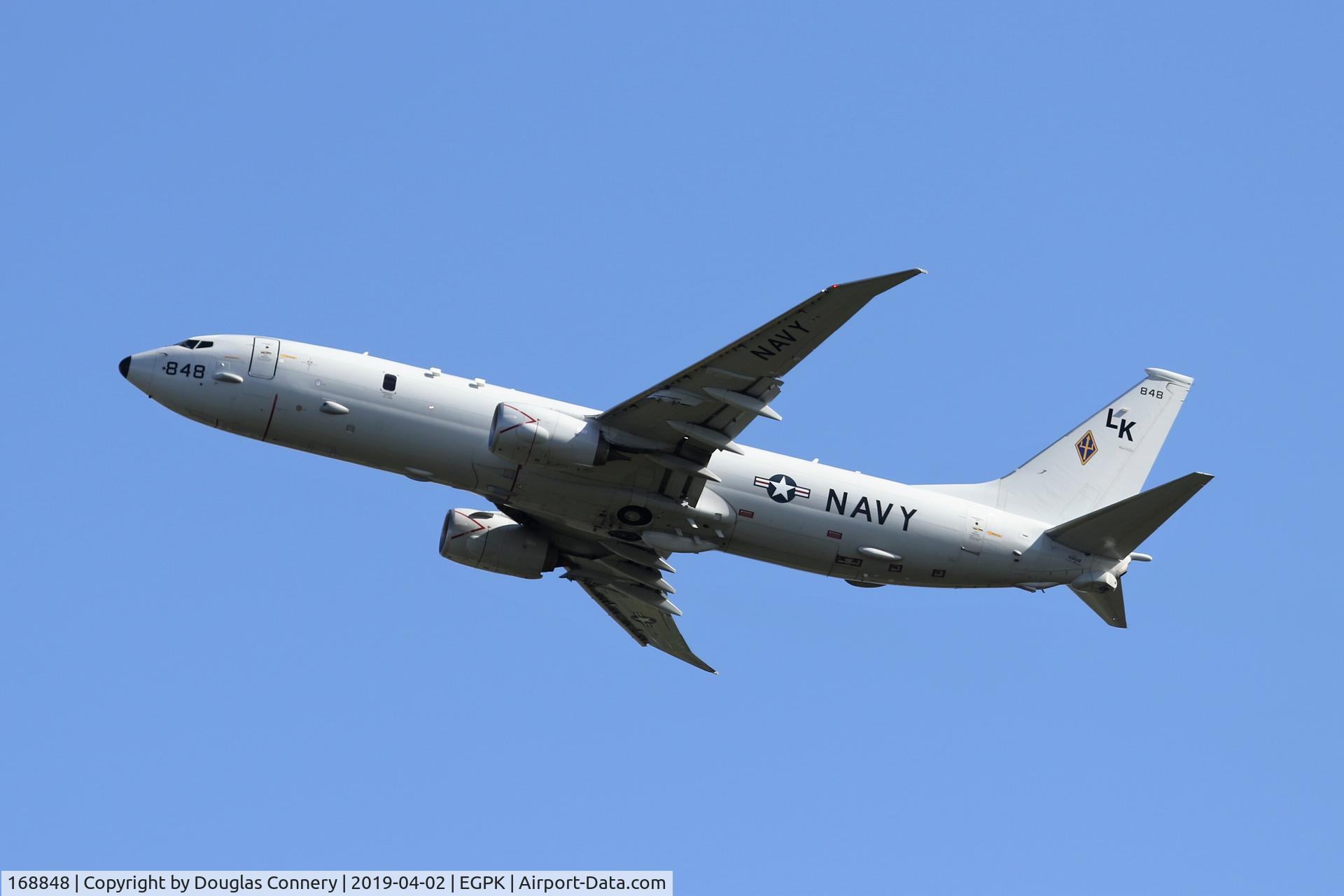 168848, 2014 Boeing P-8A Poseidon C/N 44140, Departing Prestwick on another sortie for the Joint Warrior excercise