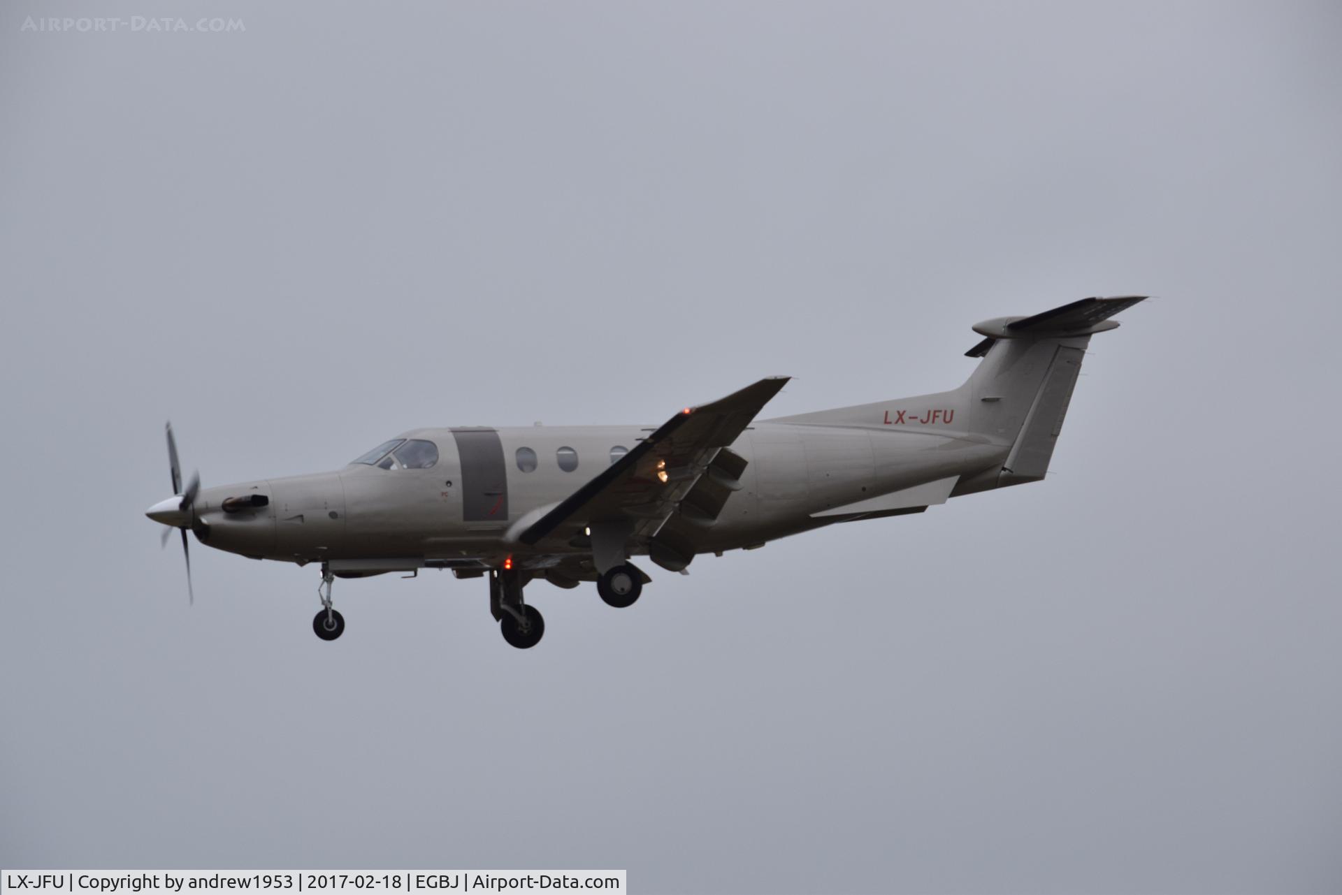 LX-JFU, 2012 Pilatus PC-12/47E C/N 1356, LX-JFU landing at Gloucestershire Airport.