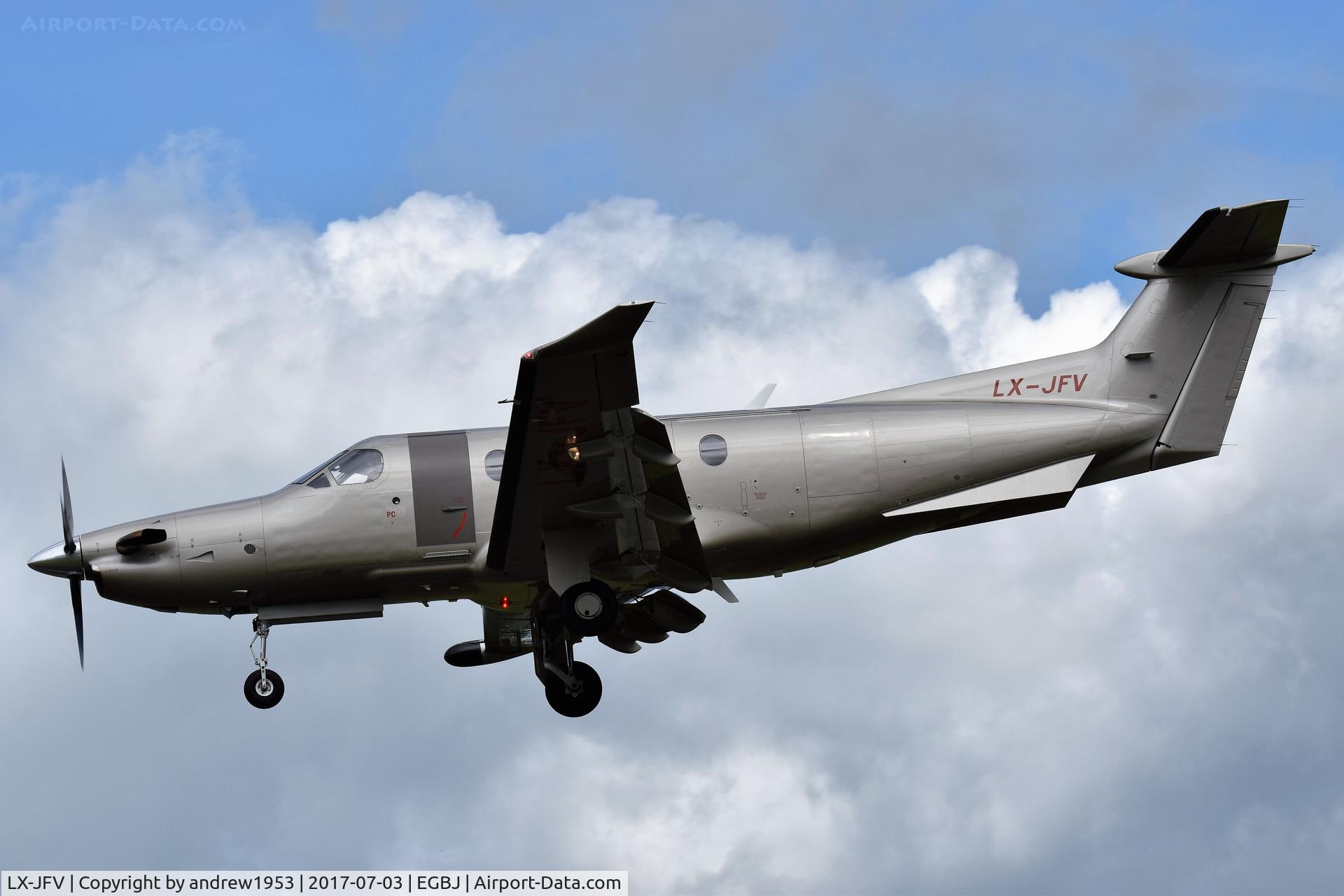 LX-JFV, 2013 Pilatus PC-12/47E C/N 1409, LX-JFV landing at Gloucestershire Airport.