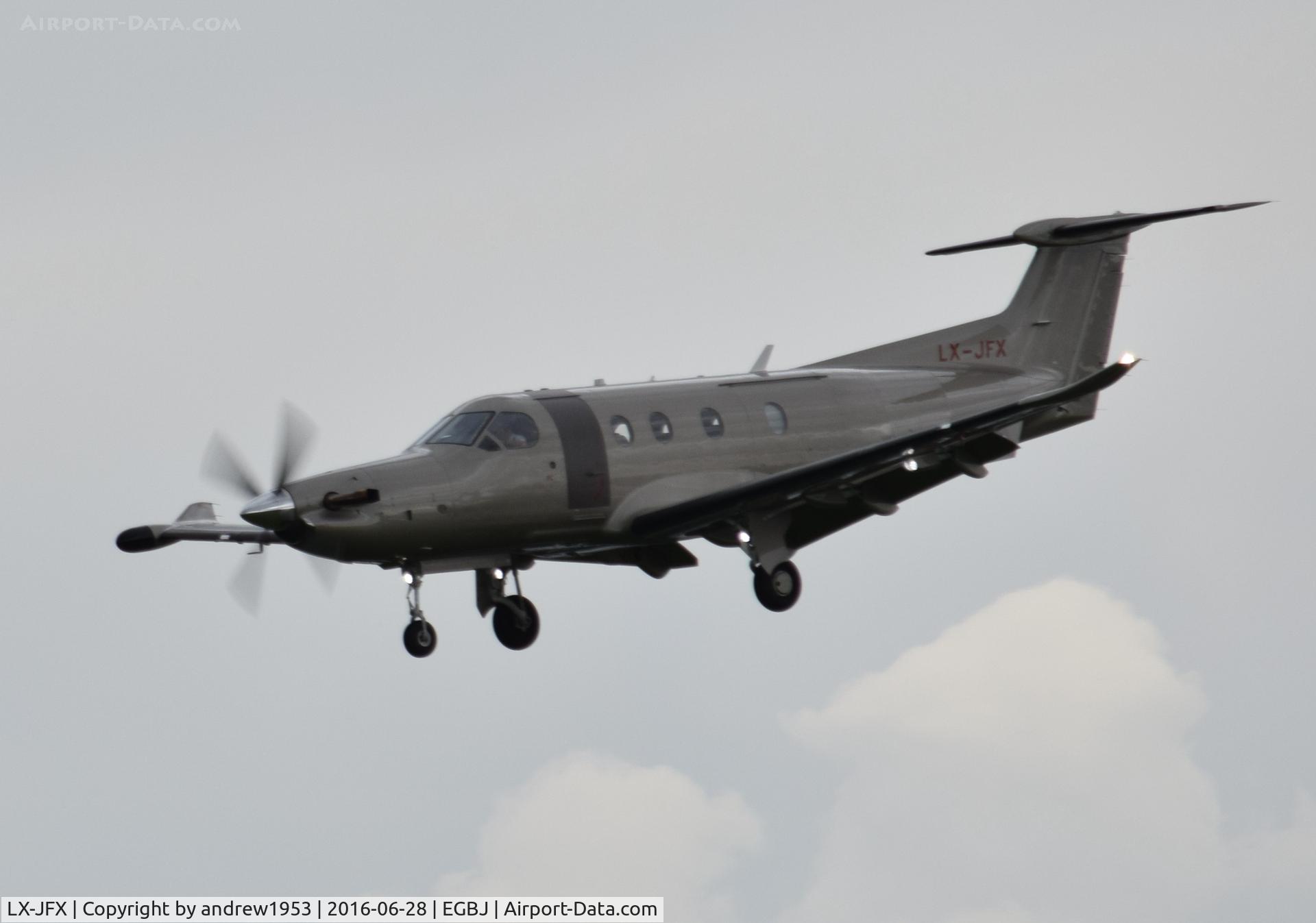 LX-JFX, 2014 Pilatus PC-12/47E C/N 1510, LX-JFX landing at Gloucestershire Airport.