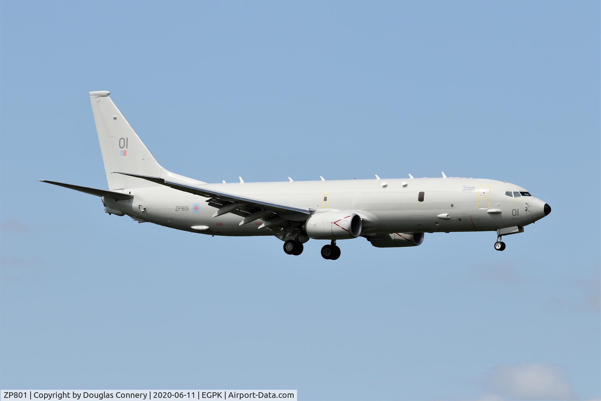ZP801, 2019 Boeing P-8A Poseidon MRA.1 C/N 64175, On approach for runway 12 at Prestwick C/S Stingray 02