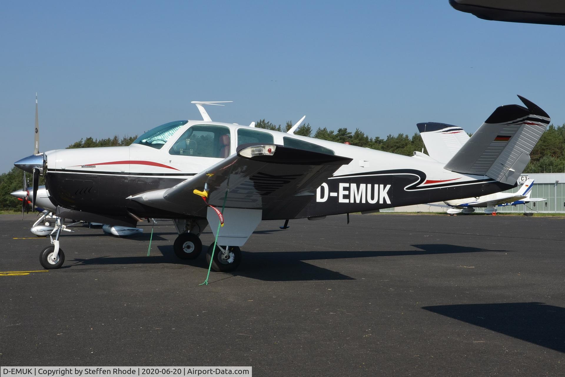 D-EMUK, Beech V35B Bonanza C/N D-9986, seen here parked at the Ramp of Schoenhagen Airport in new colours