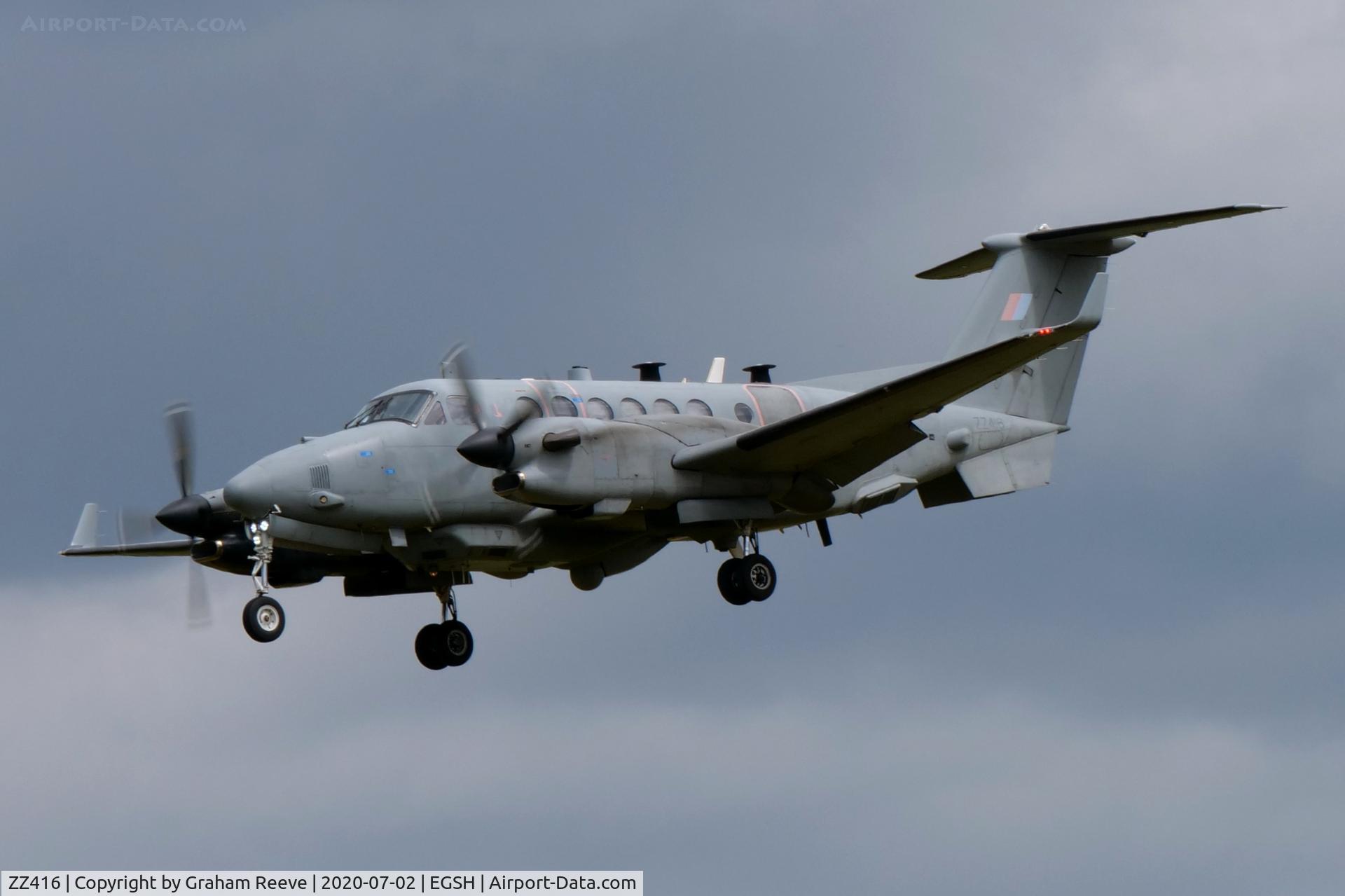 ZZ416, 2007 Beechcraft Shadow R.Mk1 (350CER) Super King Air C/N FM-14, Landing at Norwich.