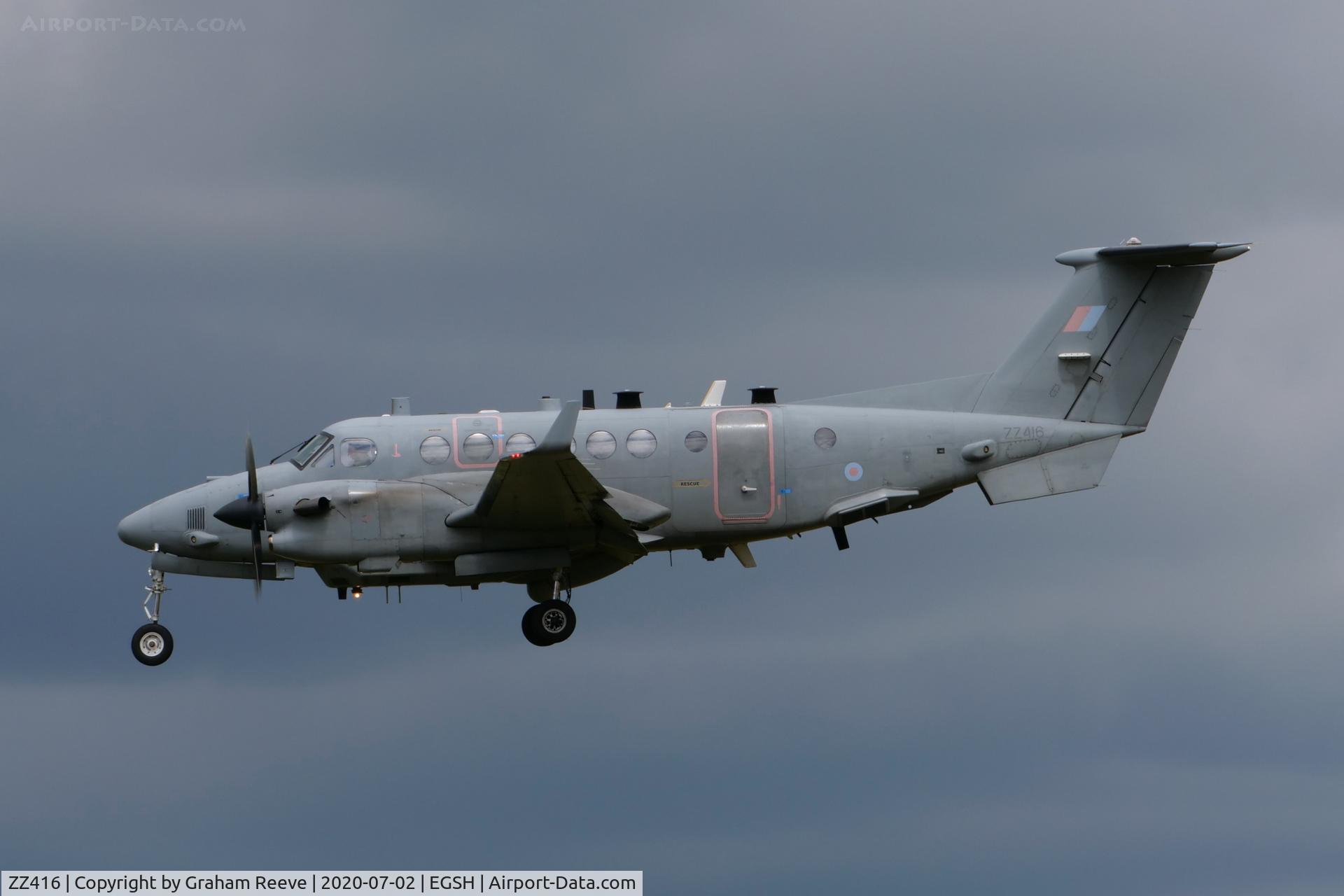 ZZ416, 2007 Beechcraft Shadow R.Mk1 (350CER) Super King Air C/N FM-14, Landing at Norwich.