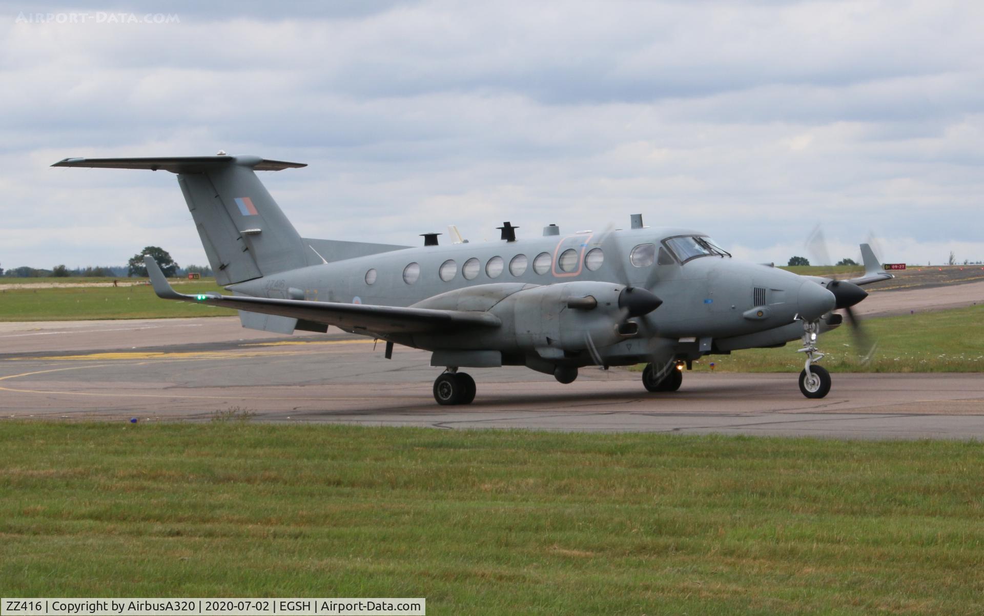 ZZ416, 2007 Beechcraft Shadow R.Mk1 (350CER) Super King Air C/N FM-14, Departing Saxon ramp Norwich