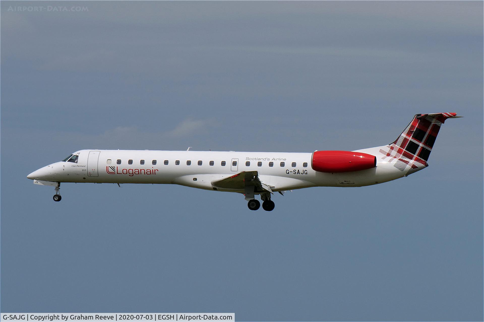 G-SAJG, 1999 Embraer EMB-145EP (ERJ-145EP) C/N 145126, Landing at Norwich.