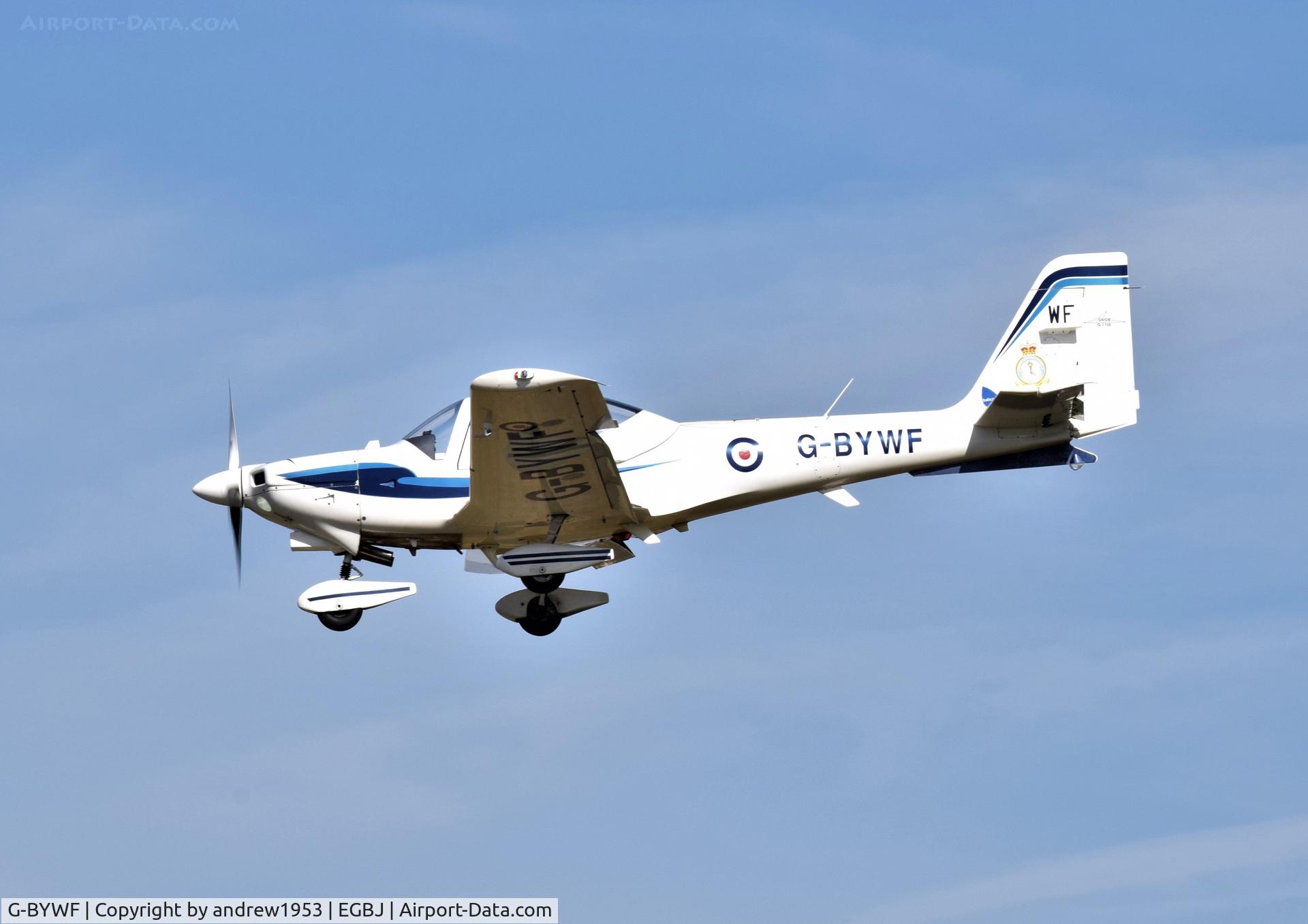 G-BYWF, 2000 Grob G-115E Tutor T1 C/N 82141/E, G-BYWF landing at Gloucestershire Airport.
