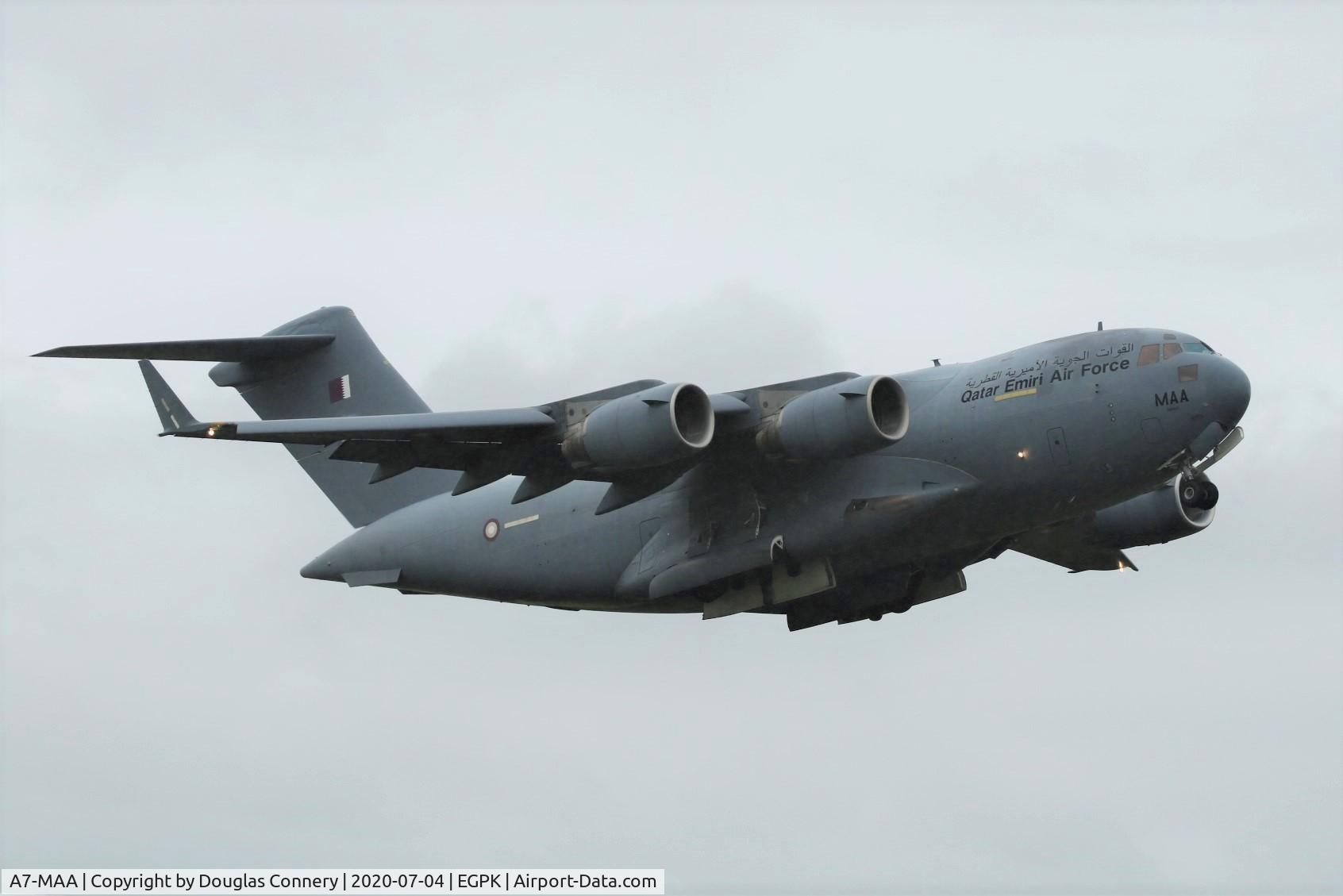 A7-MAA, 2009 Boeing C-17A Globemaster III C/N F-208/QA-1, Departing Prestwick in the thumping rain