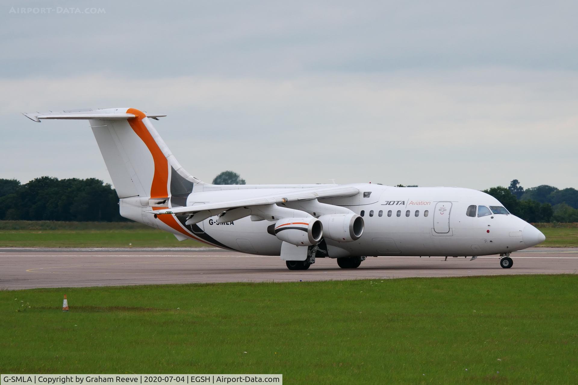 G-SMLA, 1985 British Aerospace BAe.146-200 C/N E2047, Departing from Norwich.