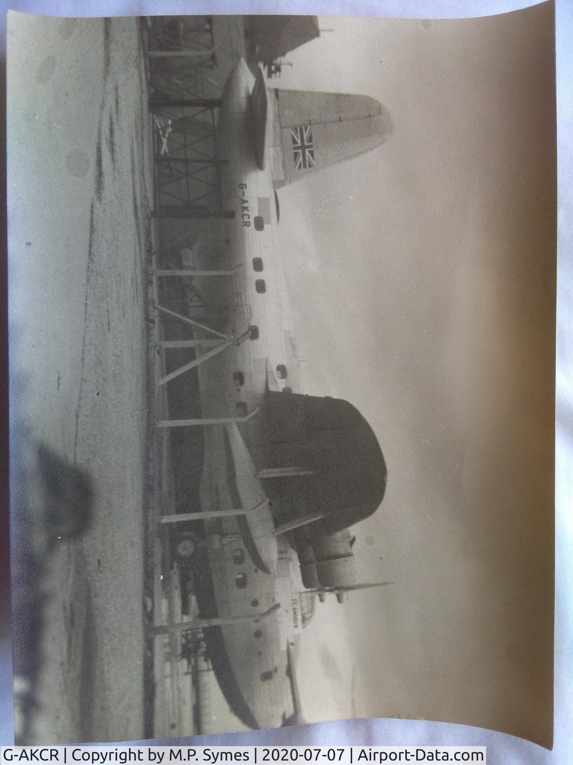 G-AKCR, Short S25 Sandringham 7 C/N SH.59C, Photo' of G-AKCR, taken by my late father,
probably at Hythe, Southampton Water c1950. 
Copyright M.P. Symes, from D.A. Symes collection.