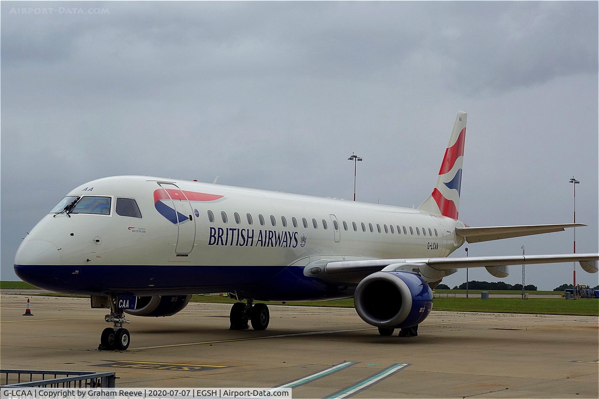 G-LCAA, 2011 Embraer 190LR (ERJ-190-100LR) C/N 19000456, On stand at Norwich.