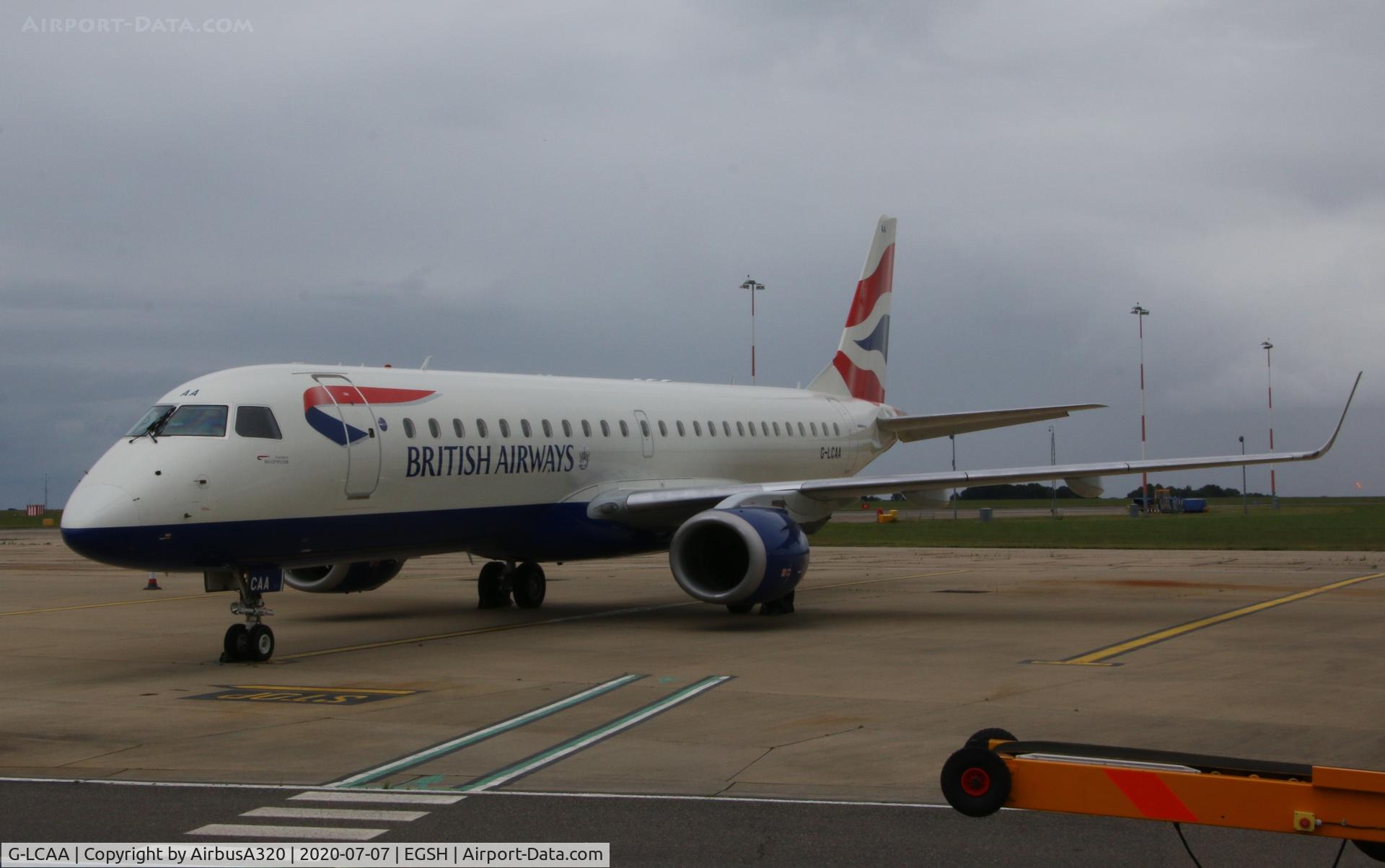G-LCAA, 2011 Embraer 190LR (ERJ-190-100LR) C/N 19000456, Seen parked on stand at Norwich