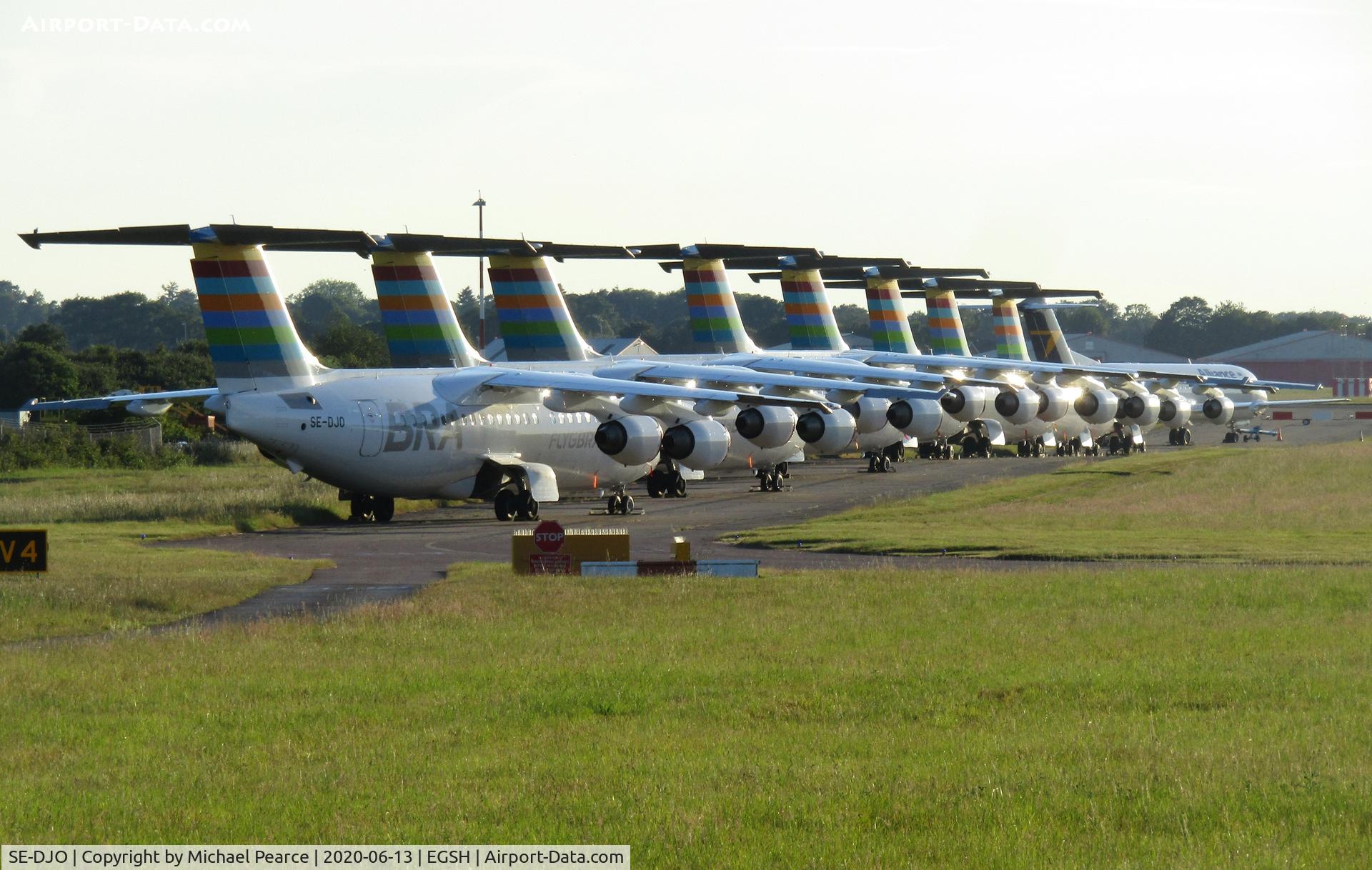 SE-DJO, 1992 British Aerospace BAe.146-200 C/N E2226, Stored on TWY Alpha due to COVID-19, alongside SE-DSZ, SE-DSS, SE-DSR, SE-RJI, SE-DSU, SE-DSV, SE-DJN & VH-NUV.