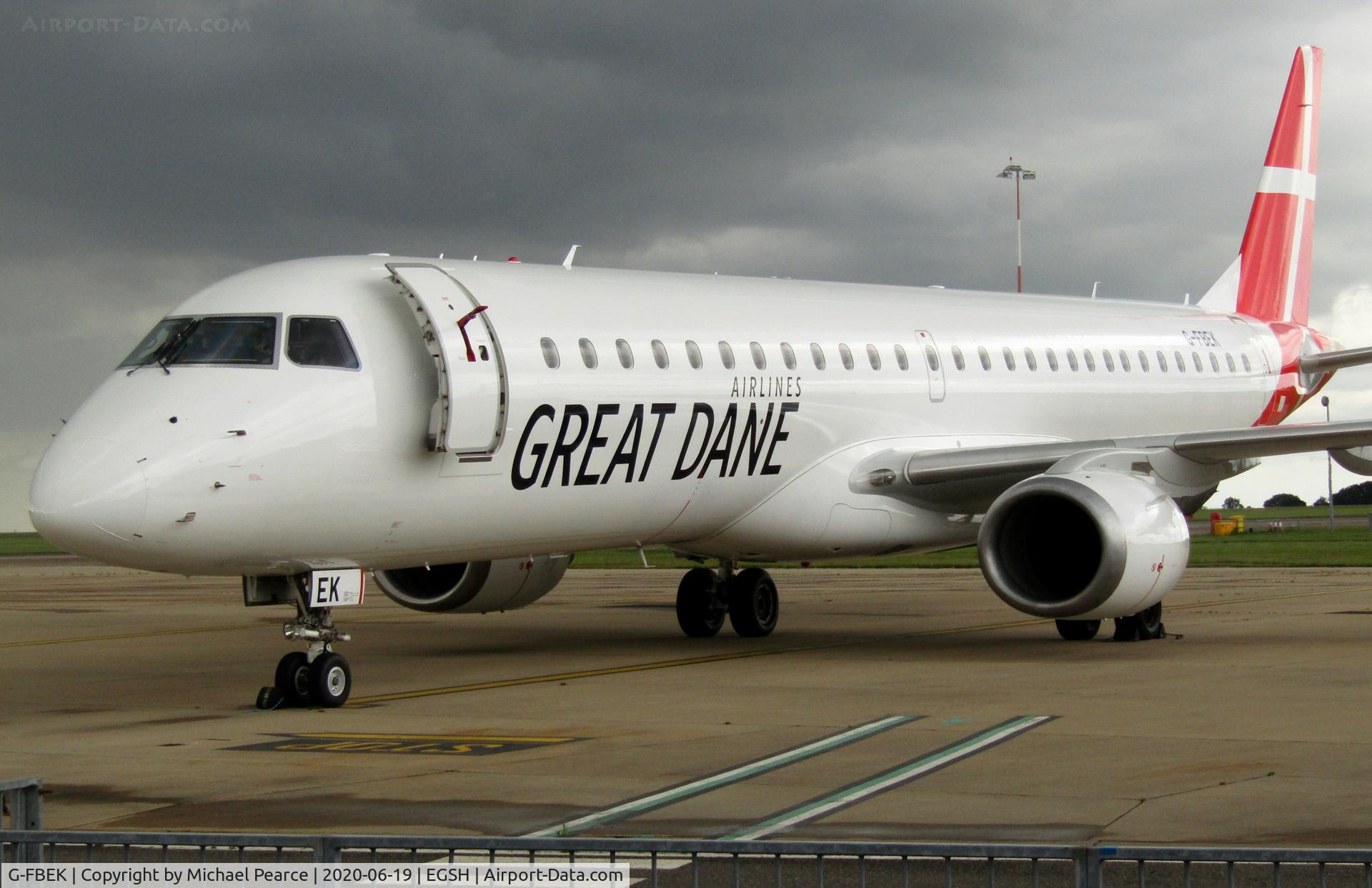 G-FBEK, 2008 Embraer 195LR (ERJ-190-200LR) C/N 19000168, Parked on Stand 5 shortly after arrival for storage from Exeter (EXT).