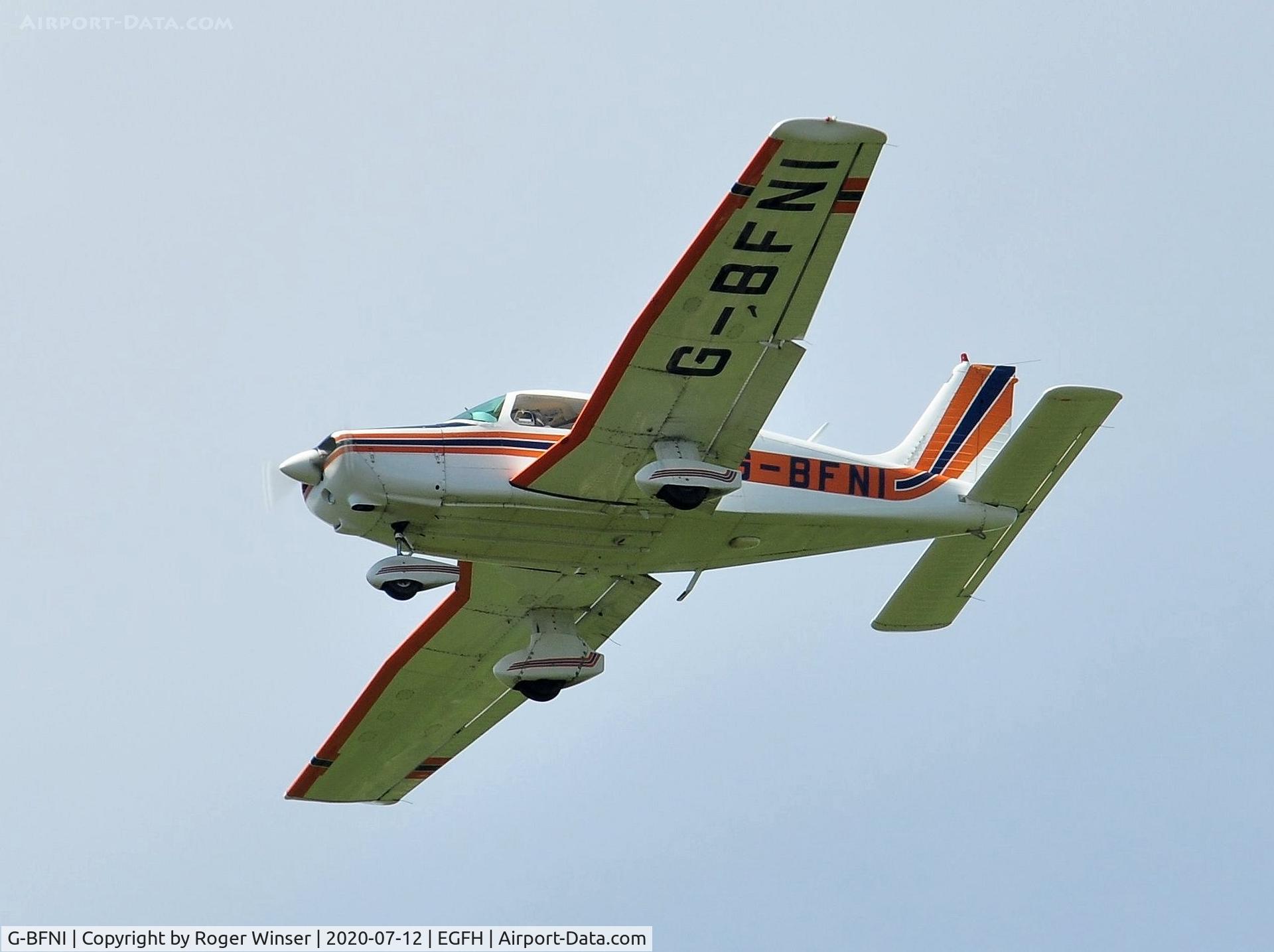 G-BFNI, 1977 Piper PA-28-161 Cherokee Warrior II C/N 28-7816215, Resident Warrior II aircraft operated by Cambrian Flying Club on finals to Runway 22.