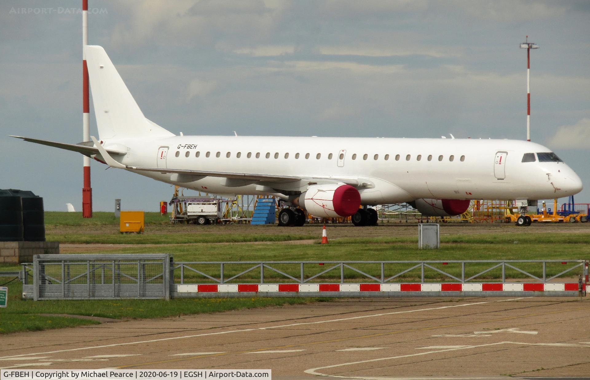 G-FBEH, 2007 Embraer 195LR (ERJ-190-200LR) C/N 19000128, Parked on the Eastern Apron after some maintenance work.
