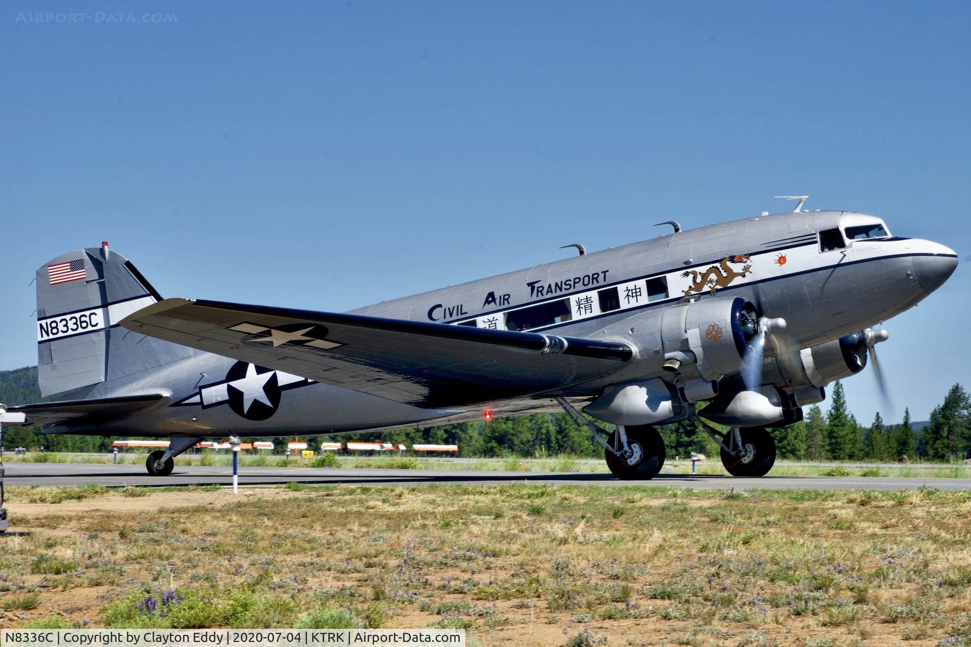 N8336C, 1942 Douglas DC-53-DO C/N 7313, Part of the 6 DC-3 C-47's envolved in the D-Day Squadron Truckee Tahoe flyover. Truckee Airport California 2020.