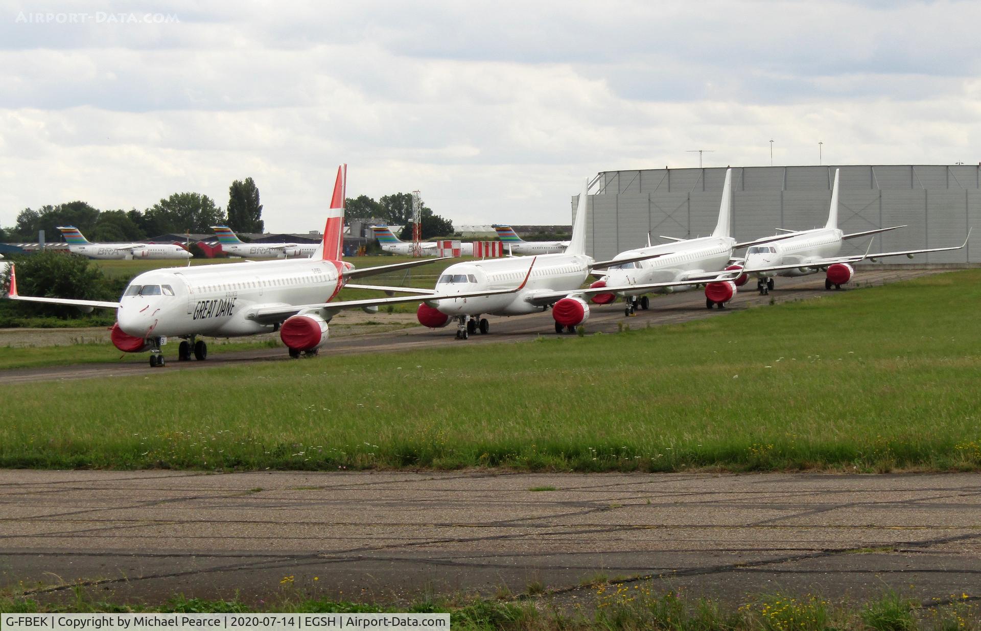 G-FBEK, 2008 Embraer 195LR (ERJ-190-200LR) C/N 19000168, Stored North Side awaiting delivery (destined as OY-GDD), alongside G-FBEG, G-FBEF and G-FBEI.