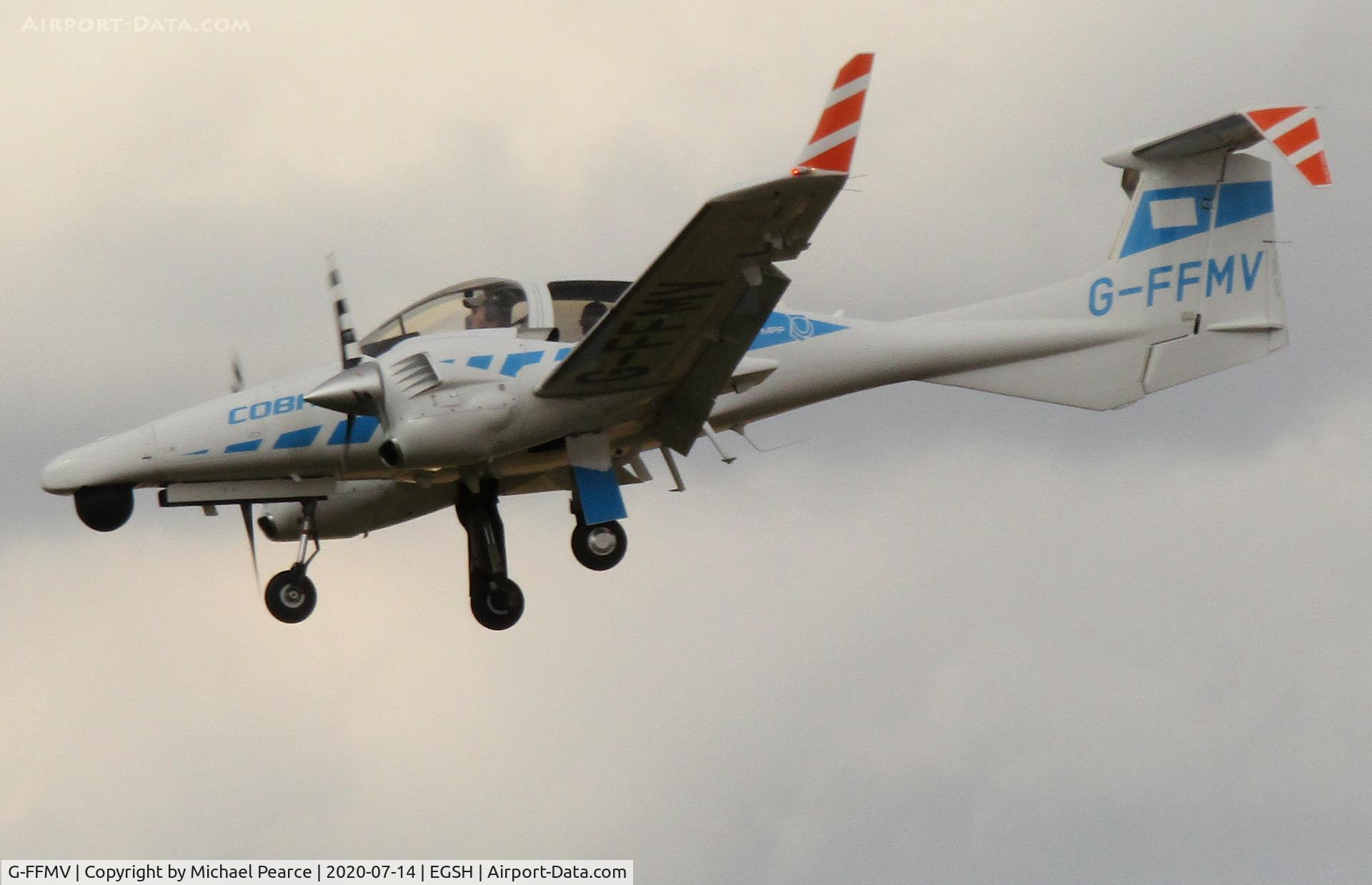G-FFMV, 2013 Diamond DA-42NG Twin Star C/N 42.MN029, Arriving on RWY 27 for fuel, after a sortie over the north Norfolk coast.