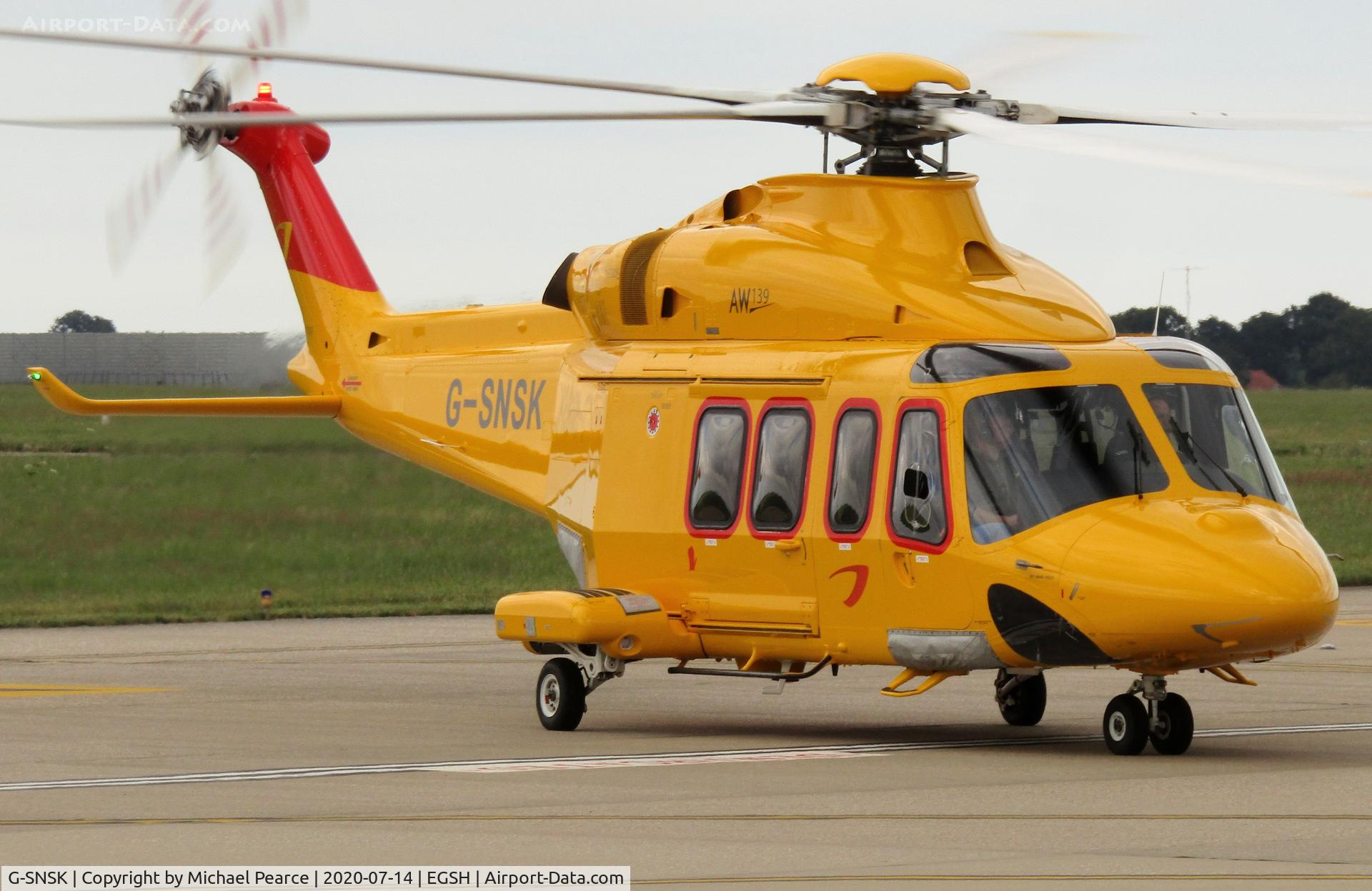 G-SNSK, 2013 AgustaWestland AW-139 C/N 41354, Arriving on to Stand 13 at SaxonAir after a test flight. Former G-NHVB.