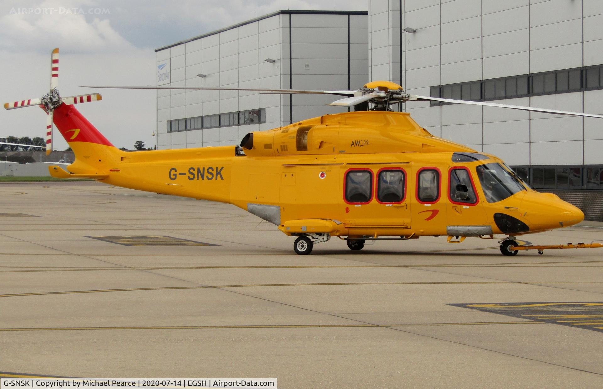 G-SNSK, 2013 AgustaWestland AW-139 C/N 41354, Under tow back to the company hangar after a test flight. Former G-NHVB.