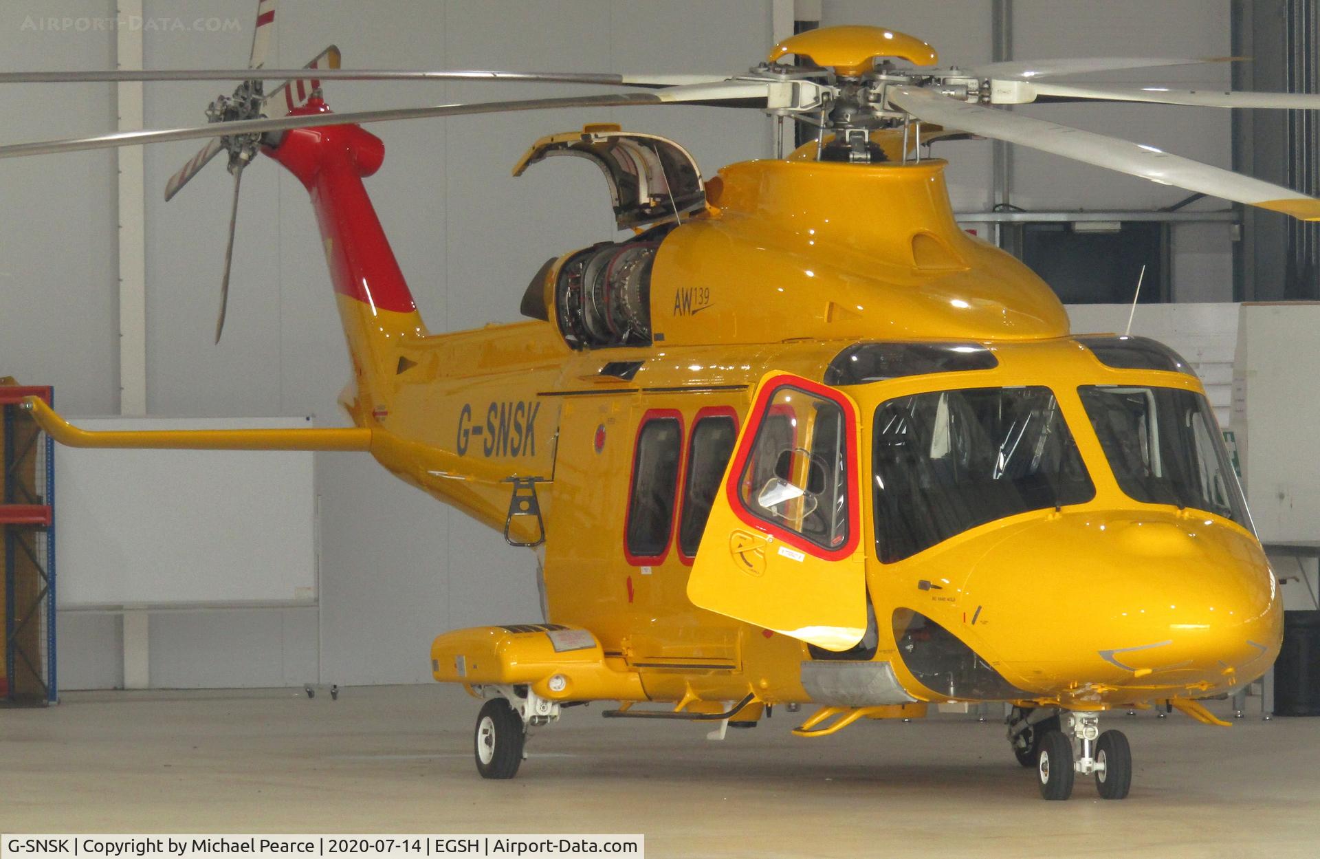 G-SNSK, 2013 AgustaWestland AW-139 C/N 41354, Parked in the company hangar shortly after a test flight. Former G-NHVB.
