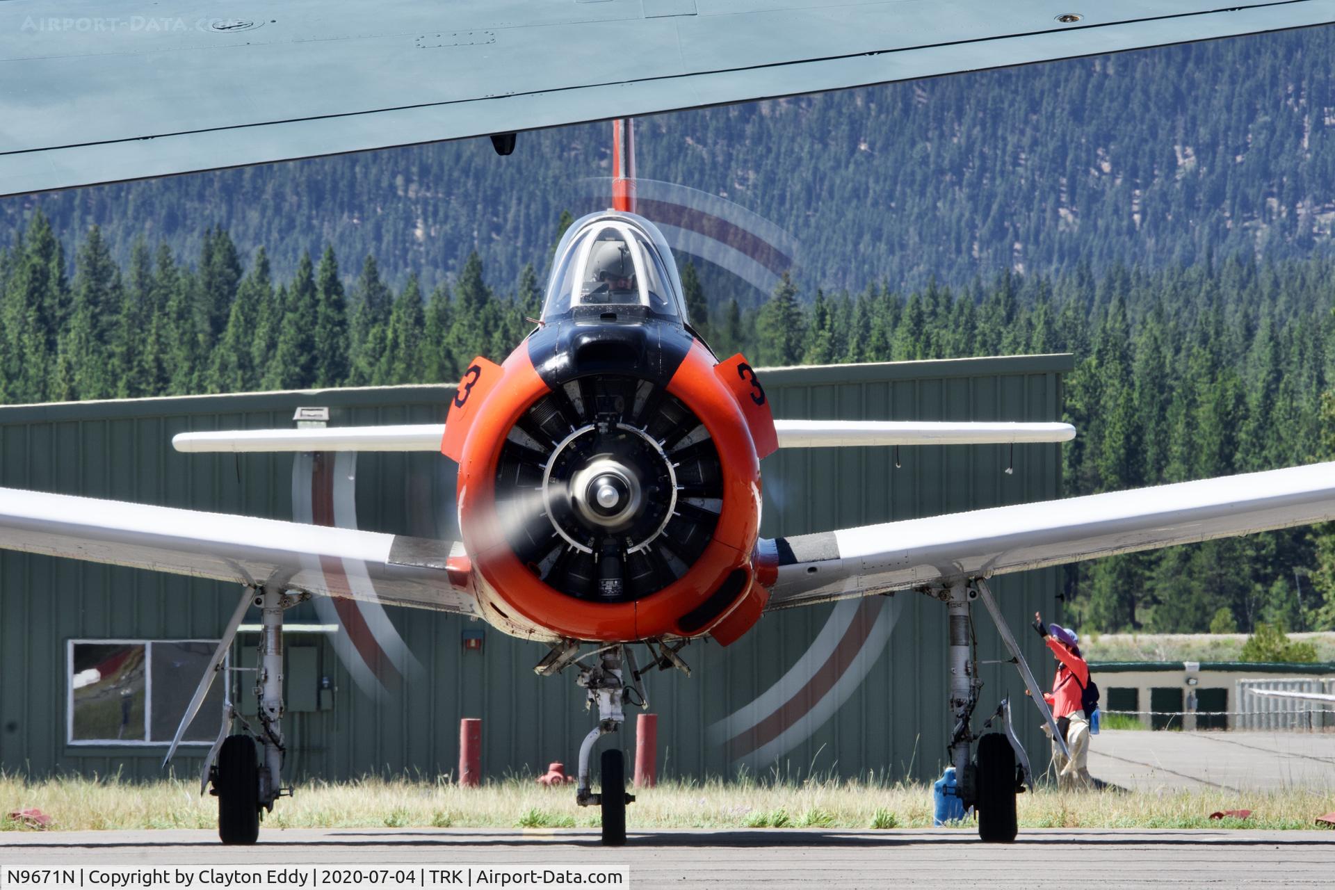 N9671N, 1986 North American T-28B Trojan C/N 200-374 (138303), Part of the D-day Squadron Truckee Tahoe flyover. Truckee Airport California July 4th 2020.