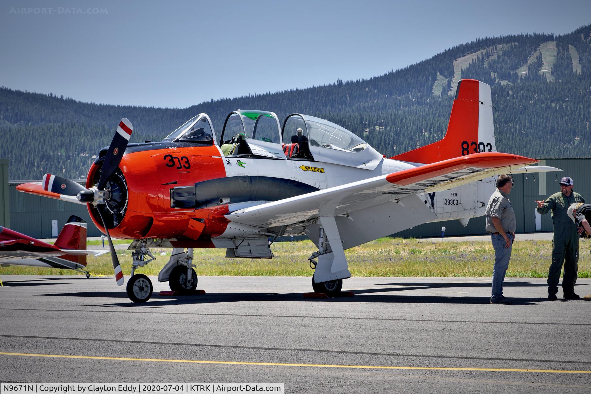 N9671N, 1986 North American T-28B Trojan C/N 200-374 (138303), Part of the D-day Squadron Truckee Tahoe flyover. Truckee Airport California July 4th 2020.