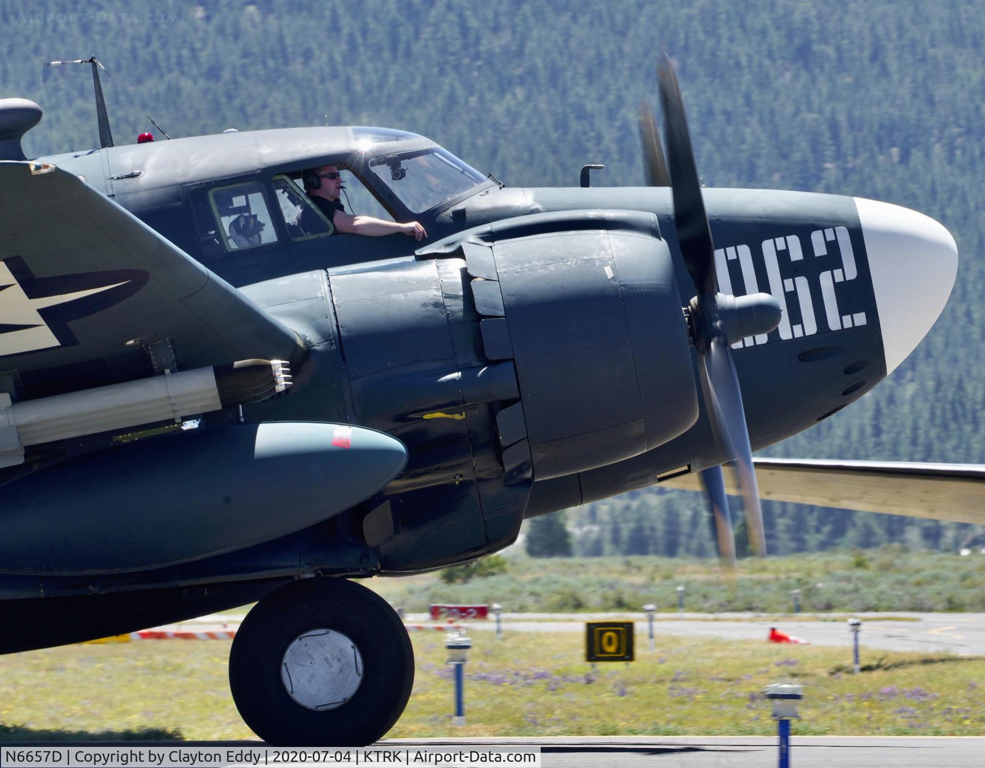 N6657D, 1945 Lockheed PV-2D Harpoon C/N 15-1606, Part of the D-day Truckee Tahoe flyover. July 4th 2020. Truckee Airport California 2020.