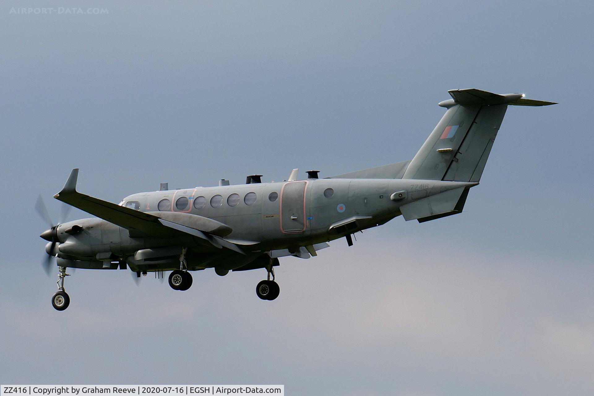 ZZ416, 2007 Beechcraft Shadow R.Mk1 (350CER) Super King Air C/N FM-14, Landing at Norwich.