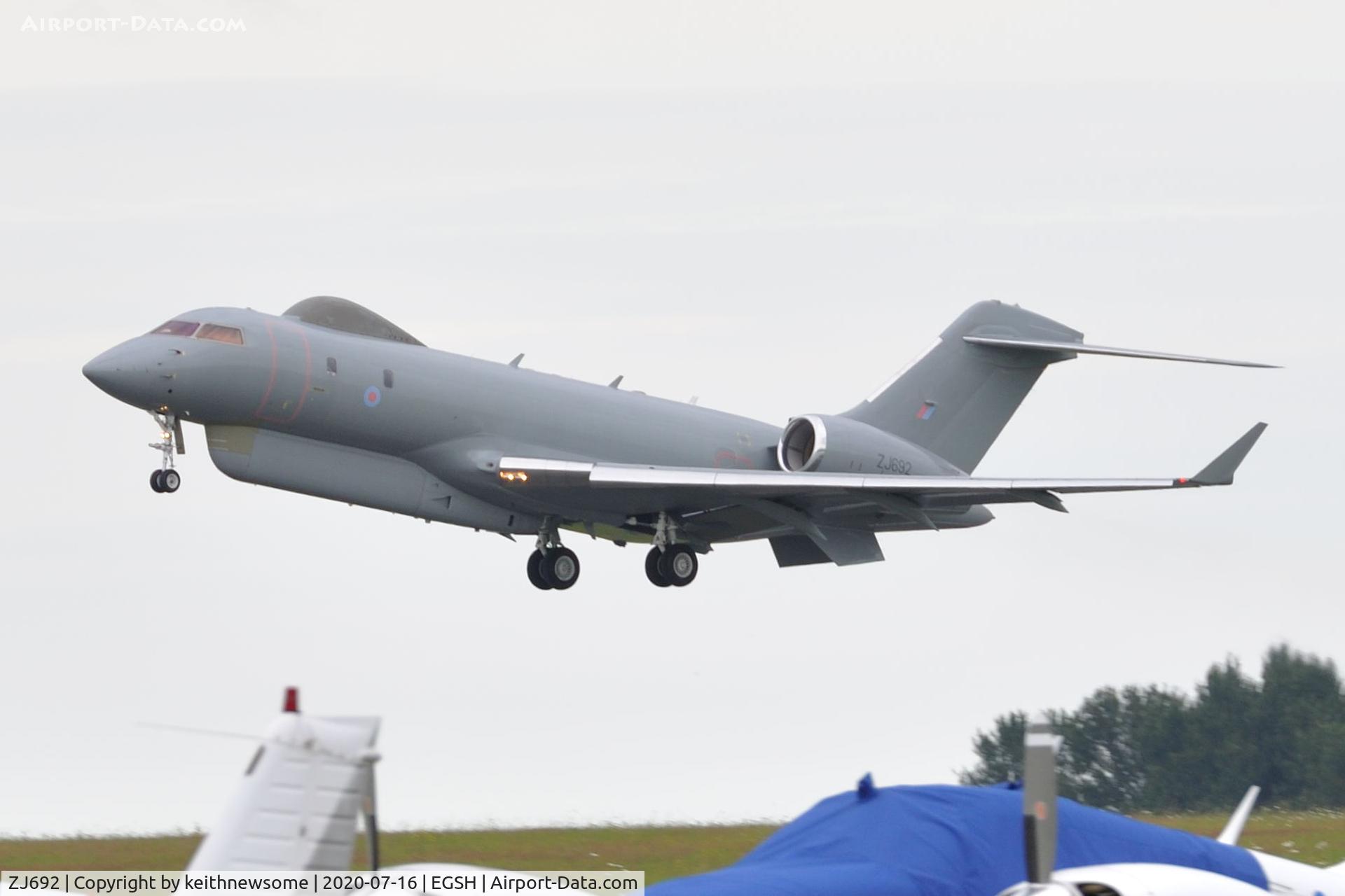 ZJ692, 2008 Bombardier BD-700-1A10 Sentinel R1 C/N 9131, Leaving Norwich following ILS approach.