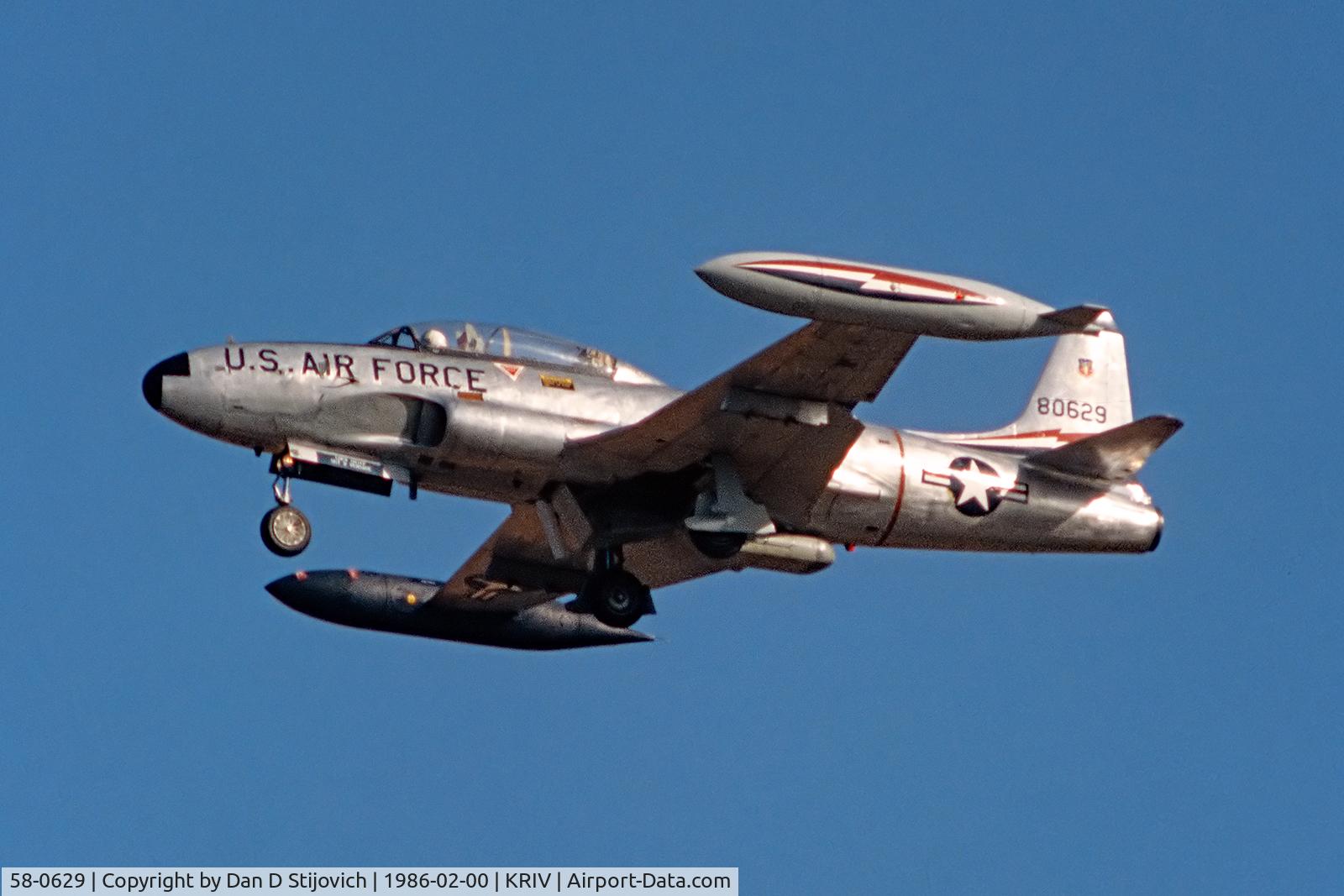58-0629, 1958 Lockheed T-33A Shooting Star C/N 580-1598, 84FITS T-33A on short final to March AFB February 1986