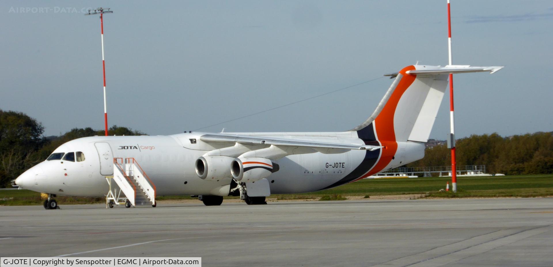 G-JOTE, 1990 British Aerospace BAe-146-300QT Quiet Trader C/N E3182, BAe.146-300QT G-JOTE Jota Aviation on stand at Southend Airport