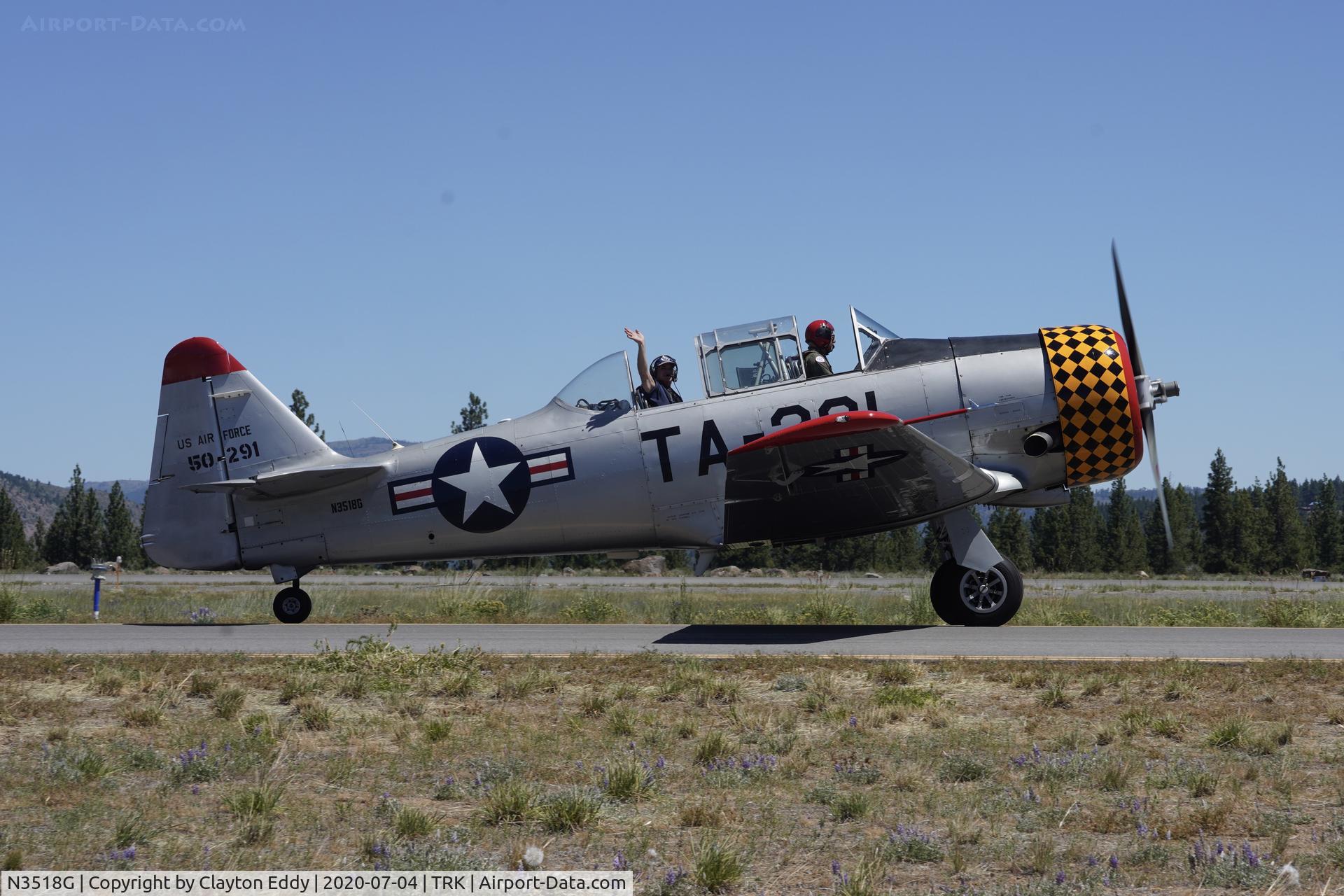 N3518G, North American T-6G Texan C/N 168-505, Part of the D-day Squadron Truckee Tahoe flyover July 4th 2020. Truckee Airport California 2020.