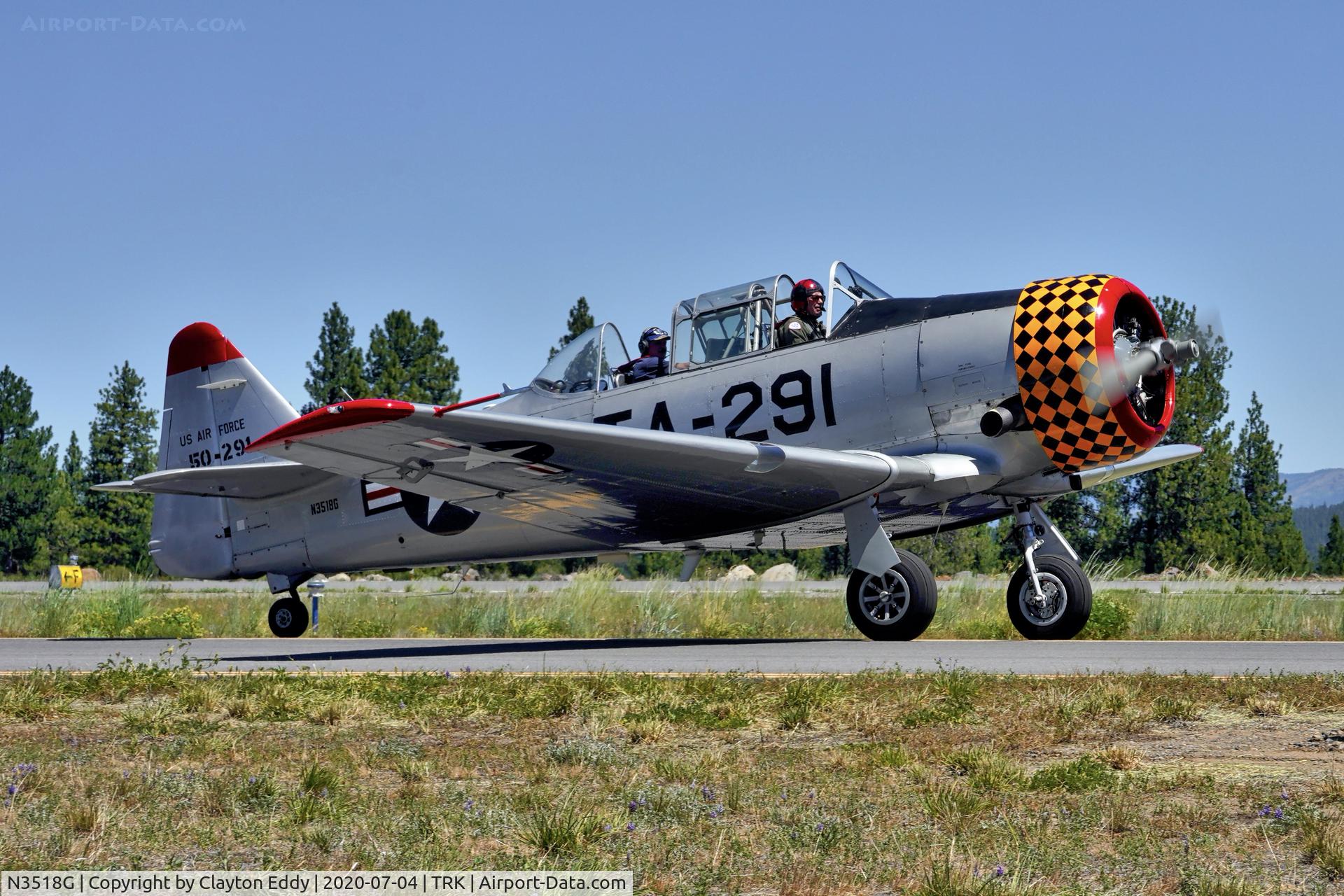 N3518G, North American T-6G Texan C/N 168-505, Part of the D-day Squadron Truckee Tahoe flyover July 4th 2020. Truckee Airport California 2020.