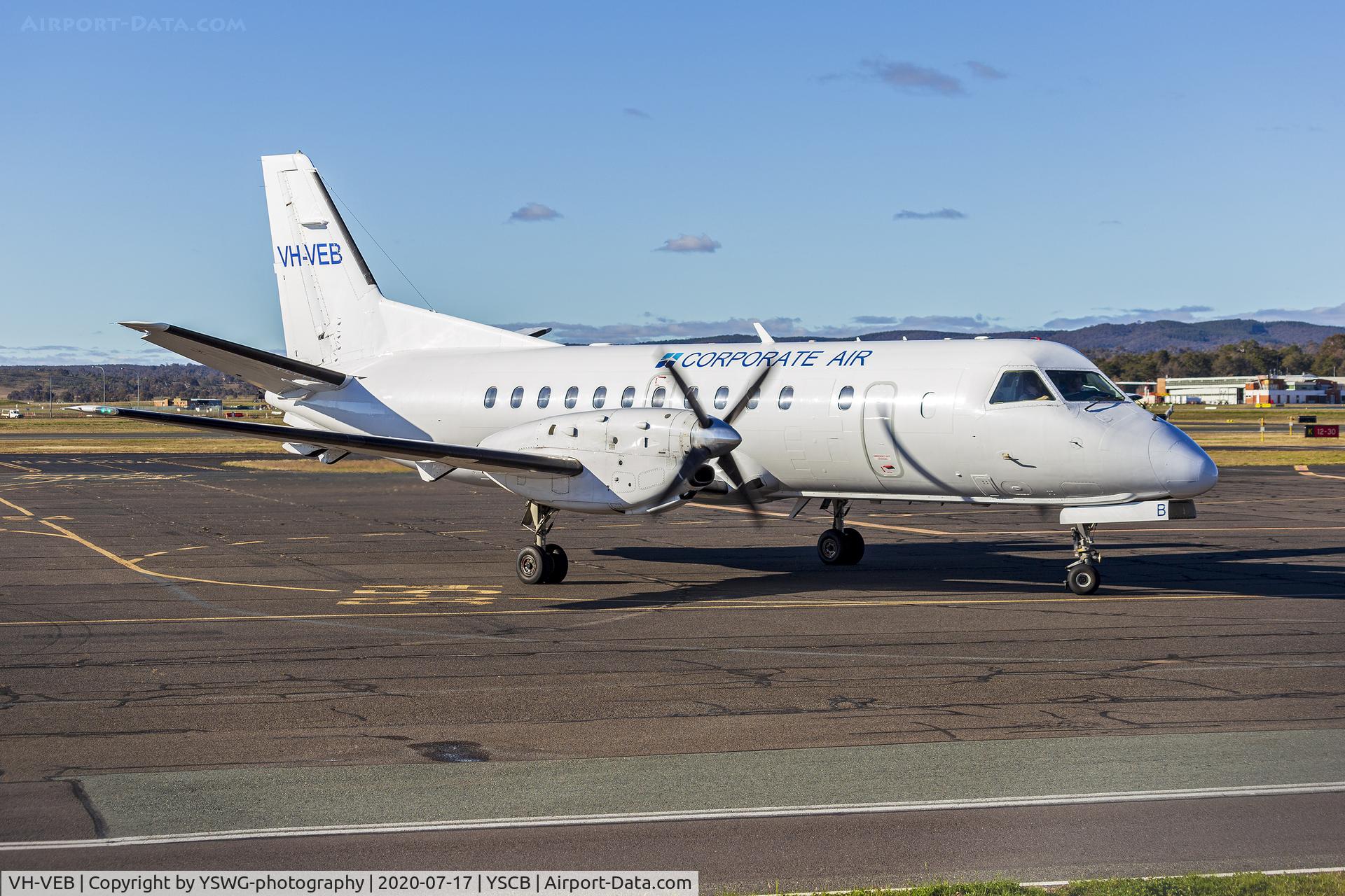VH-VEB, 1997 Saab 340B C/N 340B-425, Corporate Air (VH-VEB) Saab 340B taxiing at Canberra Airport.
