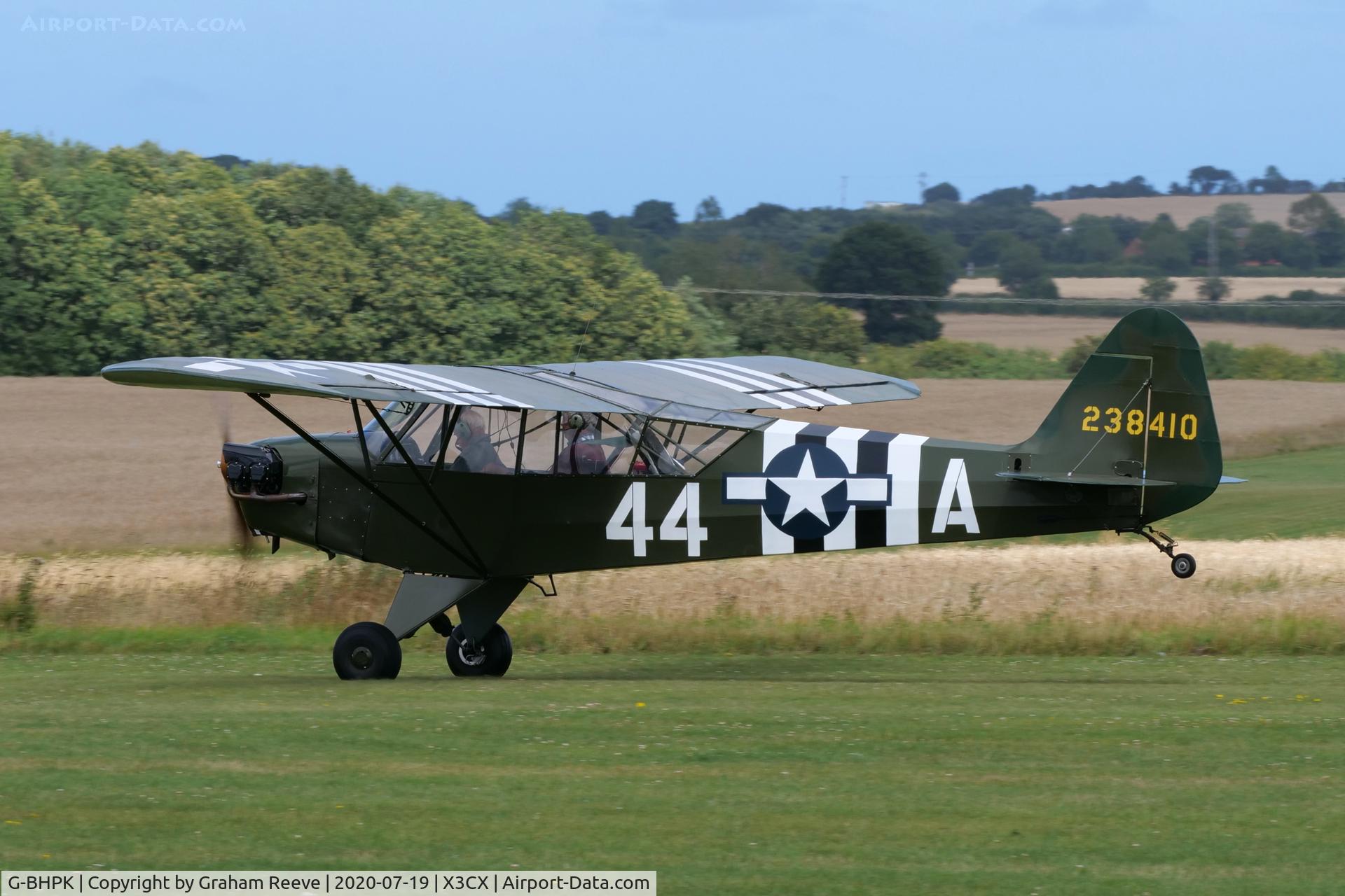 G-BHPK, 1943 Piper L-4H Grasshopper (J3C-65D) C/N 12161, Departing from Northrepps.