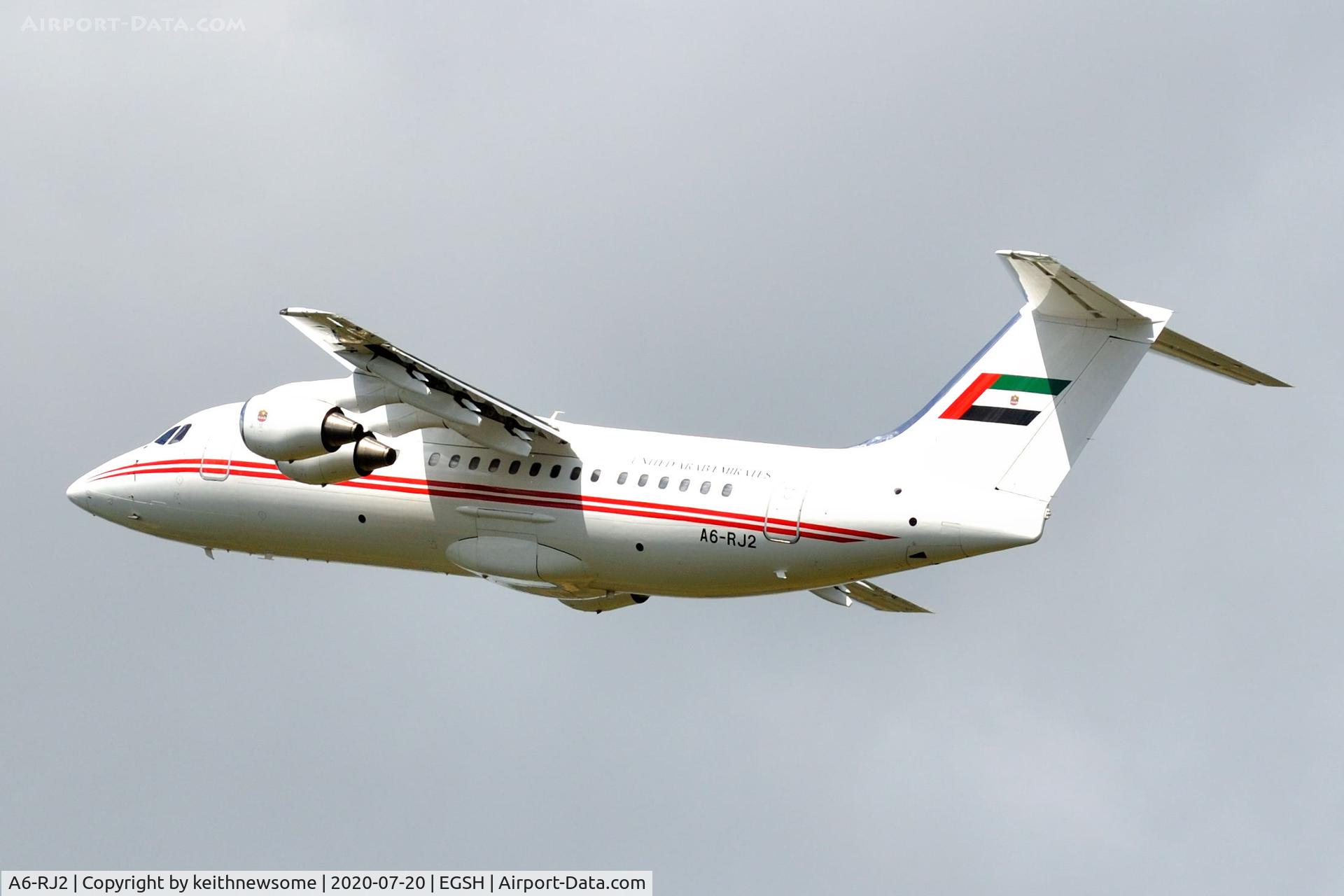 A6-RJ2, 1998 British Aerospace Avro 146-RJ85A C/N E2325, Leaving Norwich for air test.